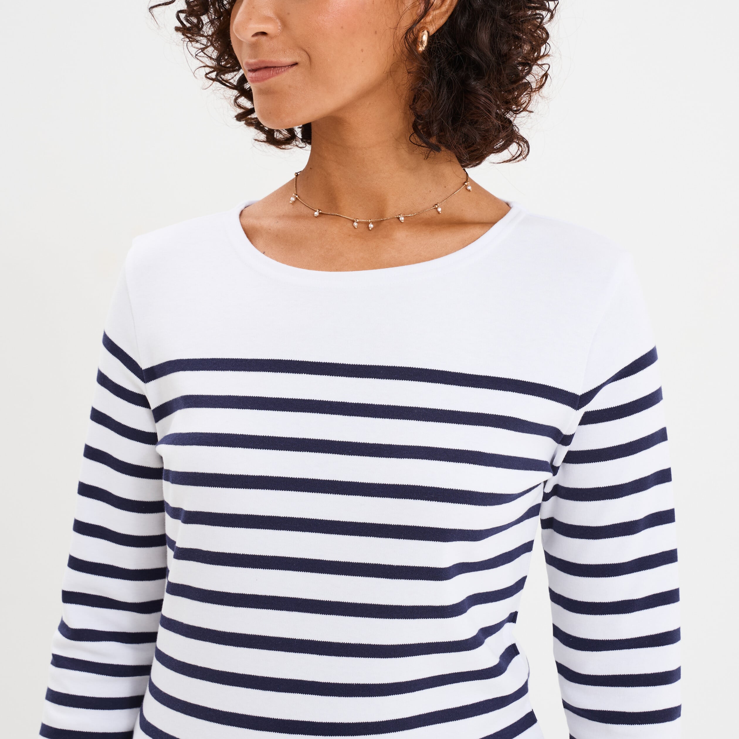 T-shirt marini&egrave;re manches longues coton blanc femme