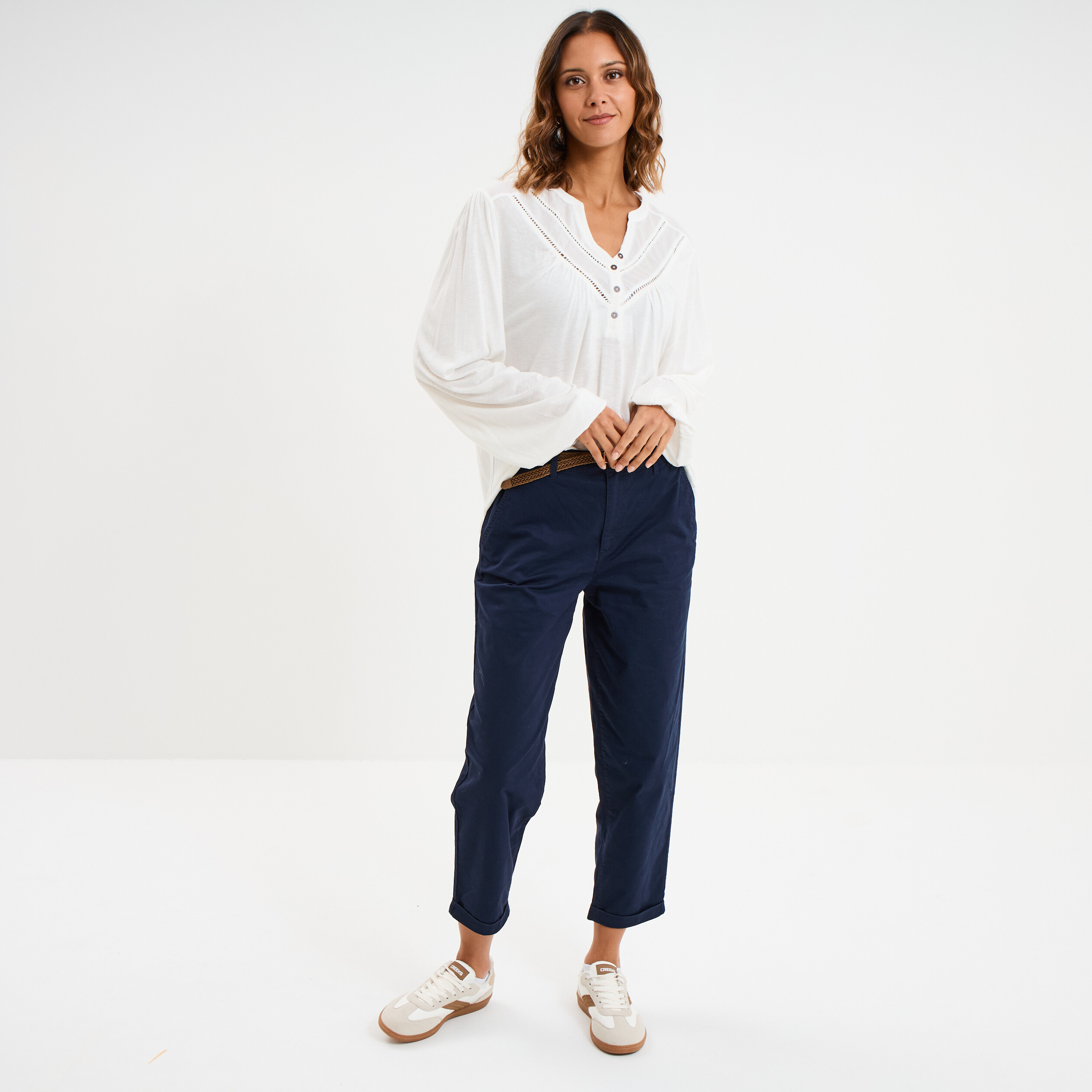 Blouse col tunisien m&eacute;lange lin blanc femme