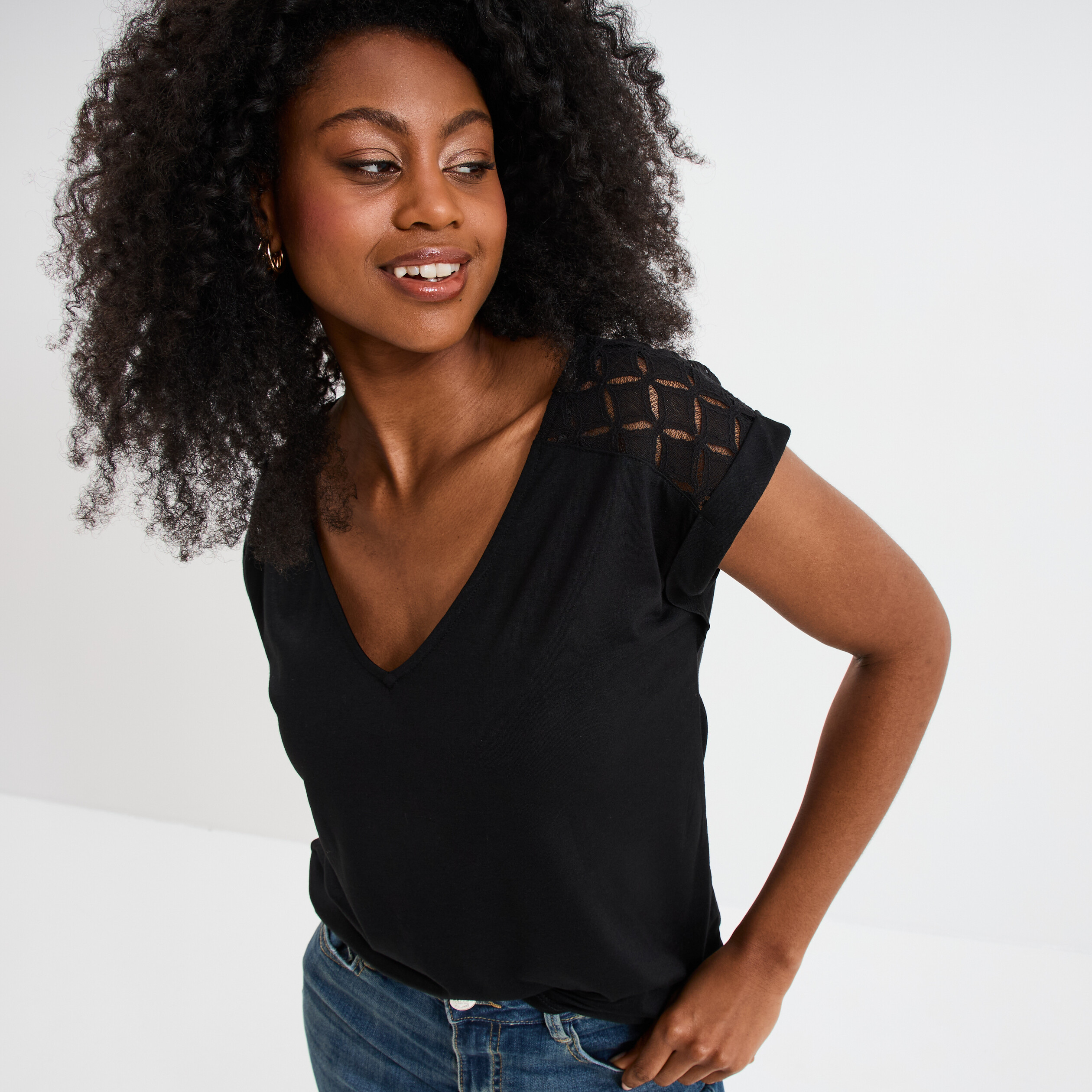 Chemisier Tee Shirt Femme Epaule Nu T-shirt Col En V Dentelle