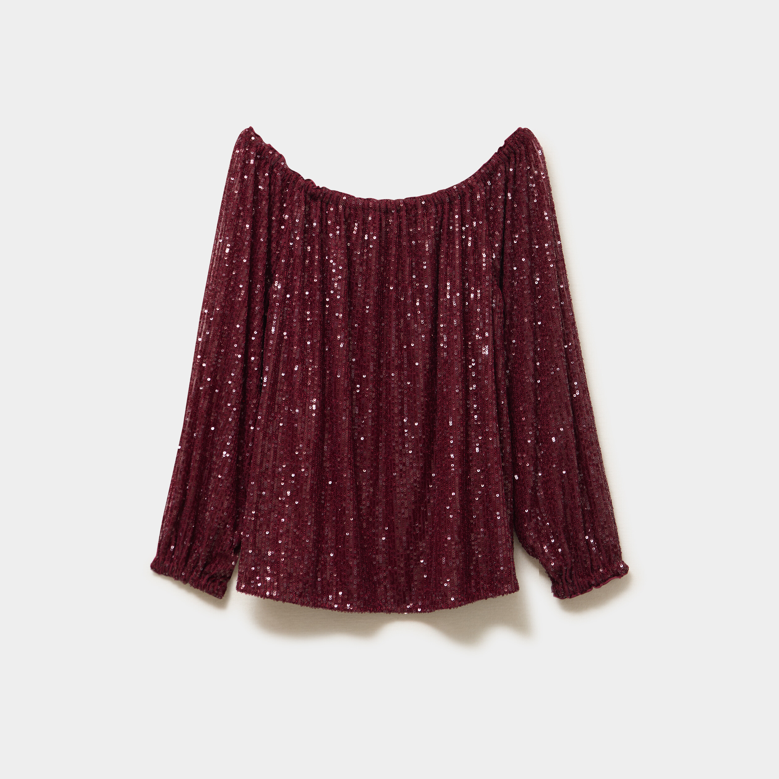 T-shirt sequins et col bardot rouge fonc&eacute; femme
