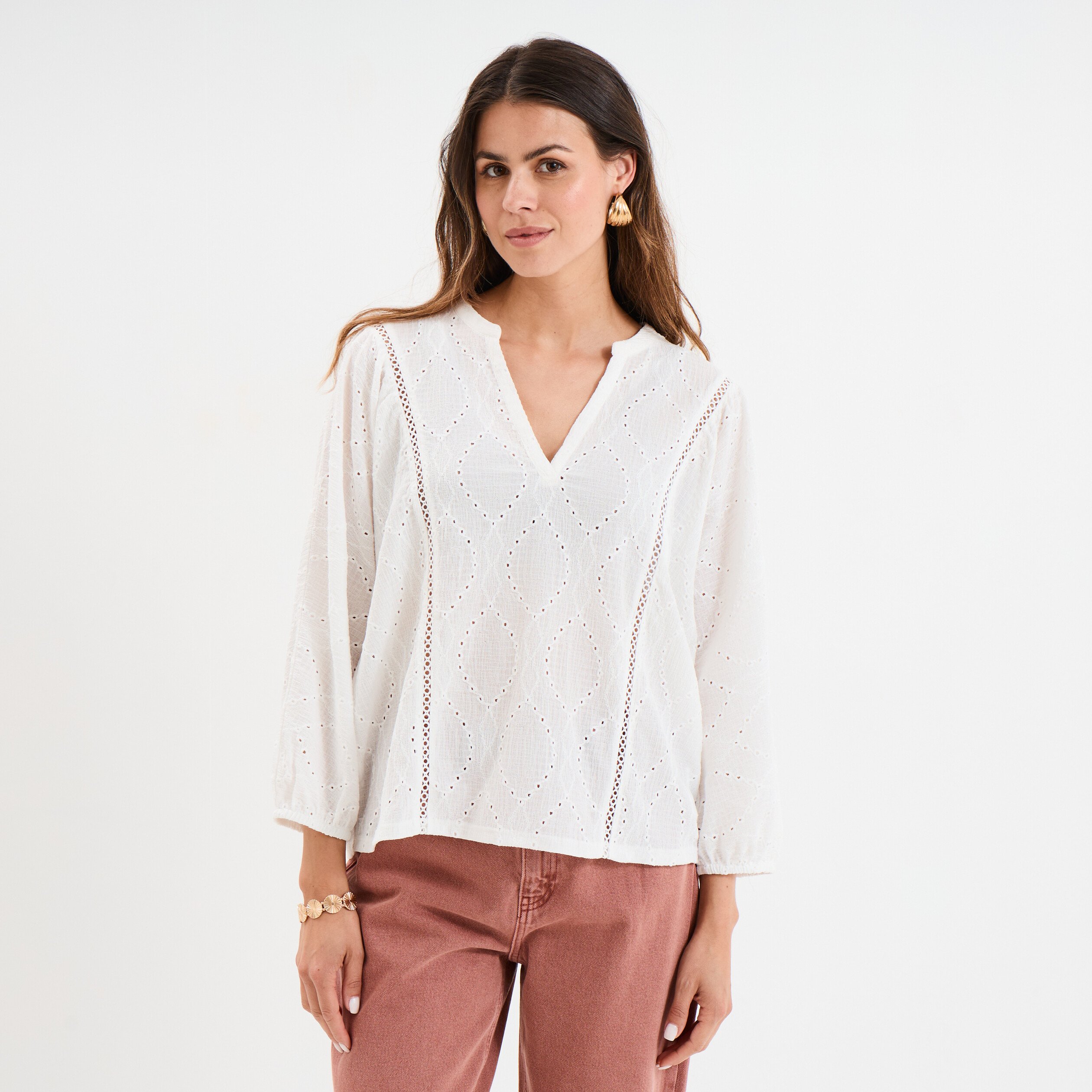 t shirt ajoure manches 34 col en v blanc femme T-shirt ajouré manches 3/4 col en V blanc femme