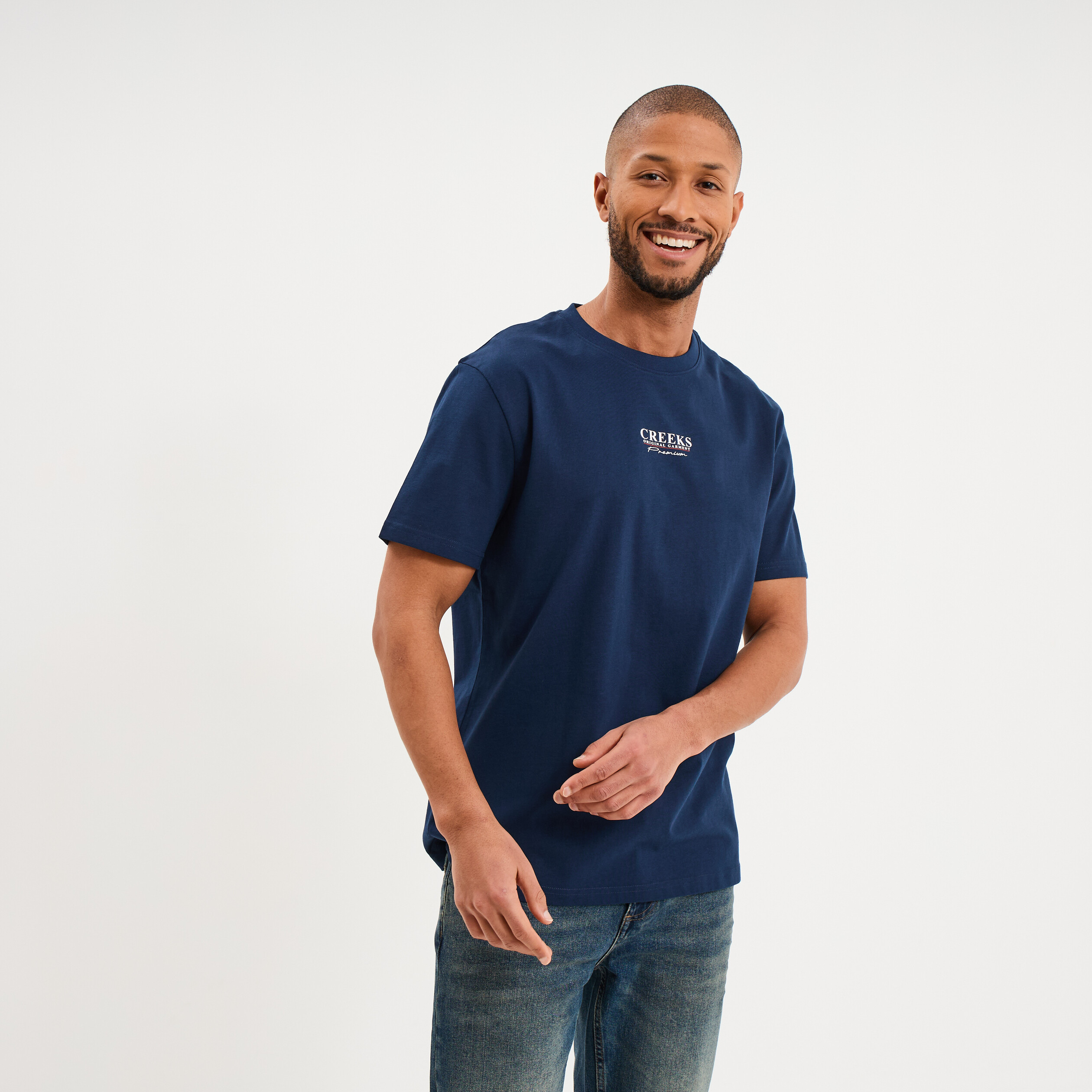T-shirt droit manches courtes coton bleu fonc&eacute; homme