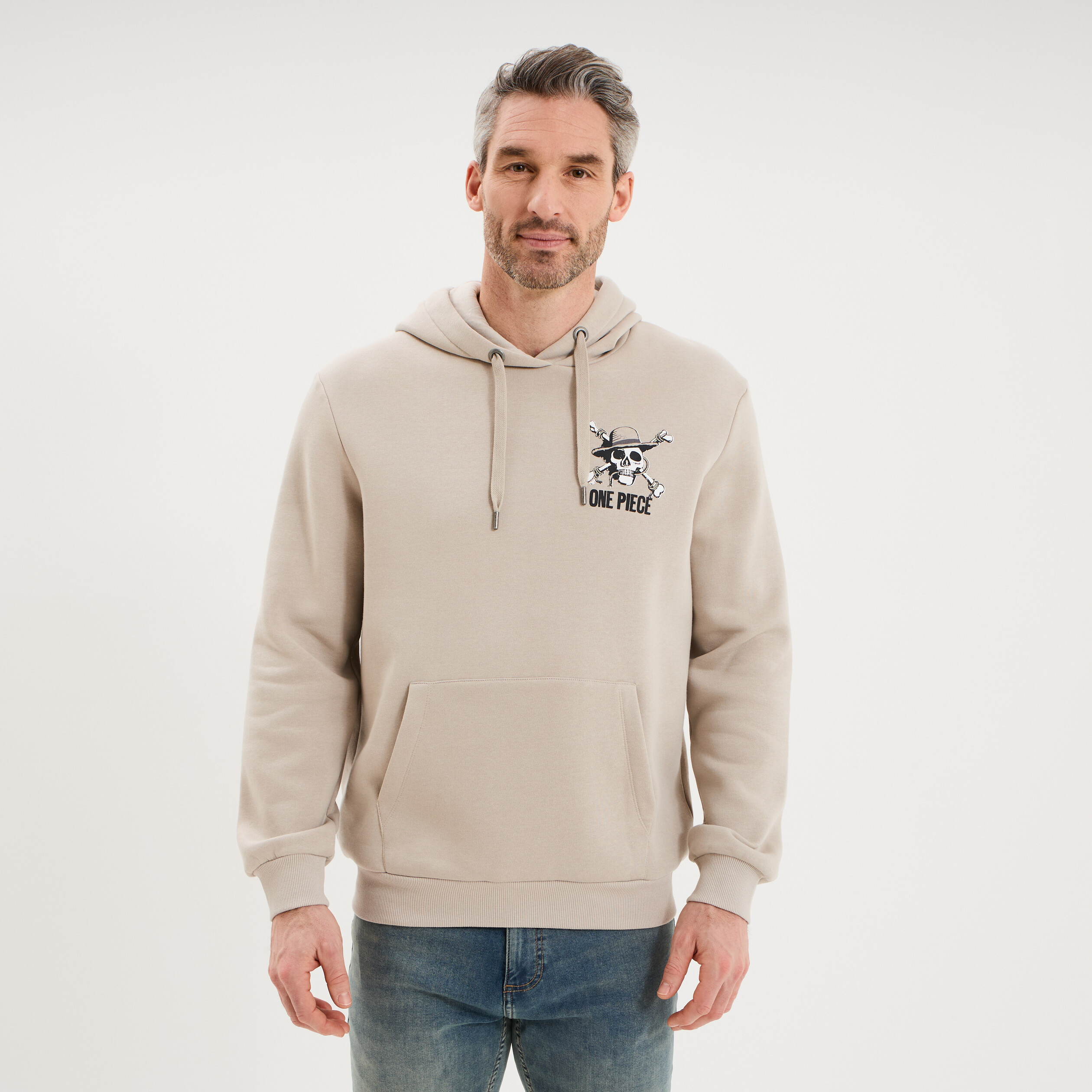 Sweat hoodie molleton 1 poche One Piece gris clair homme