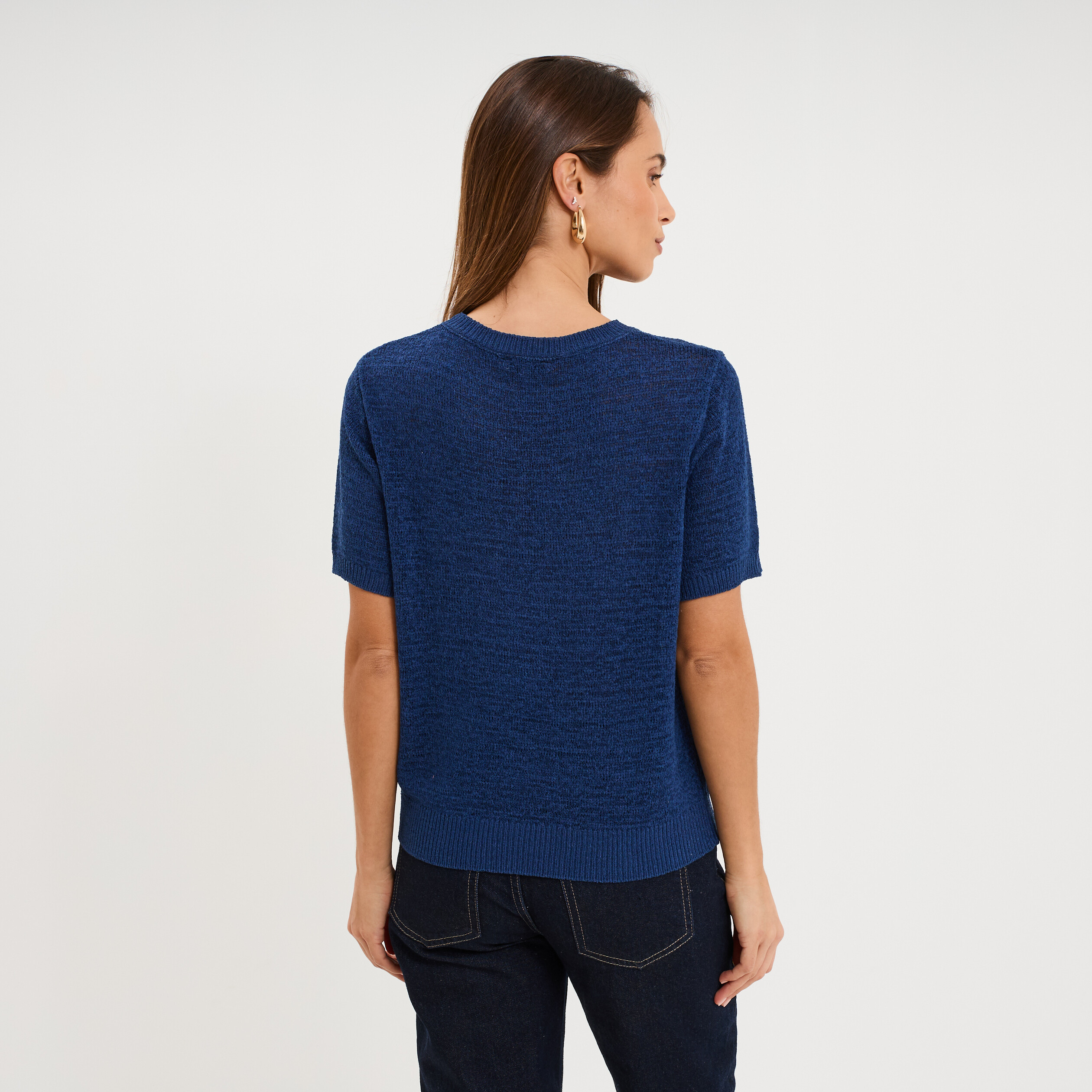 Pull manches courtes col rond bleu marine femme