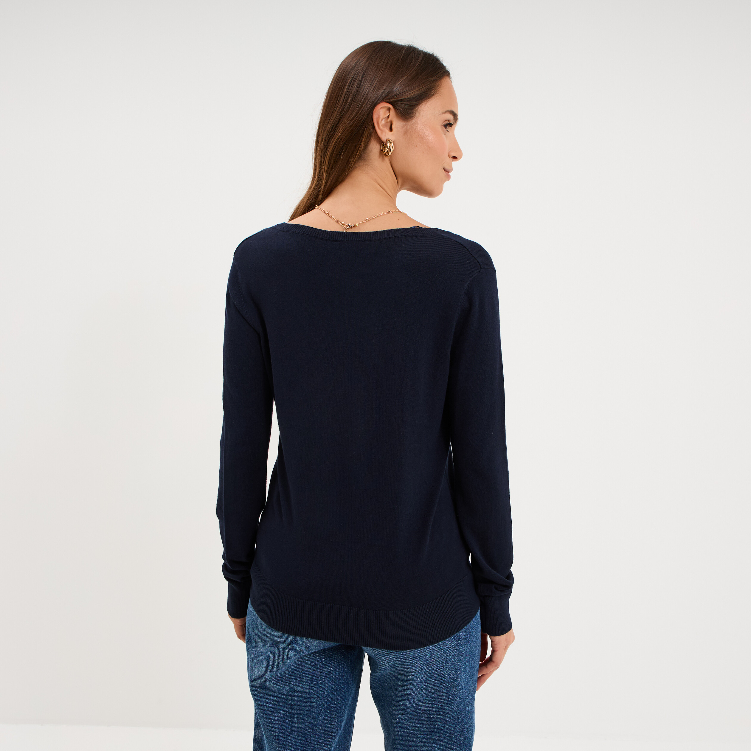 Pull col en V manches longues bleu marine femme