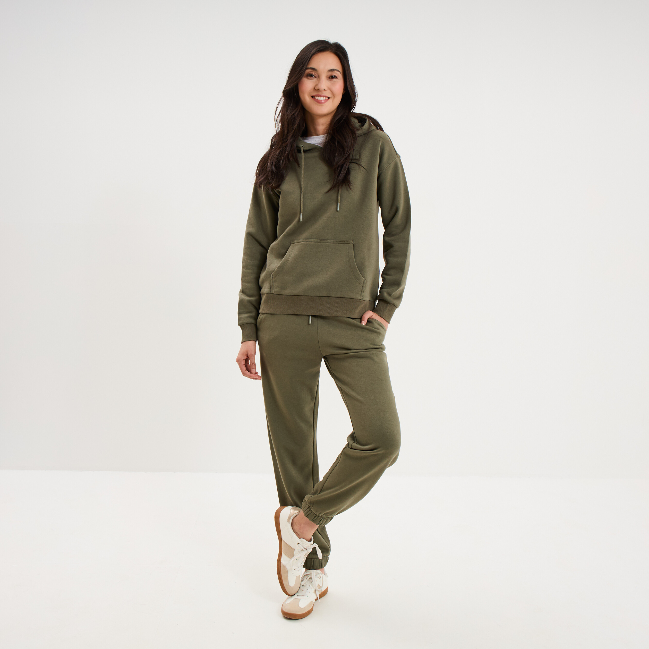 Sweat hoodie 1 poche &agrave; capuche vert kaki femme