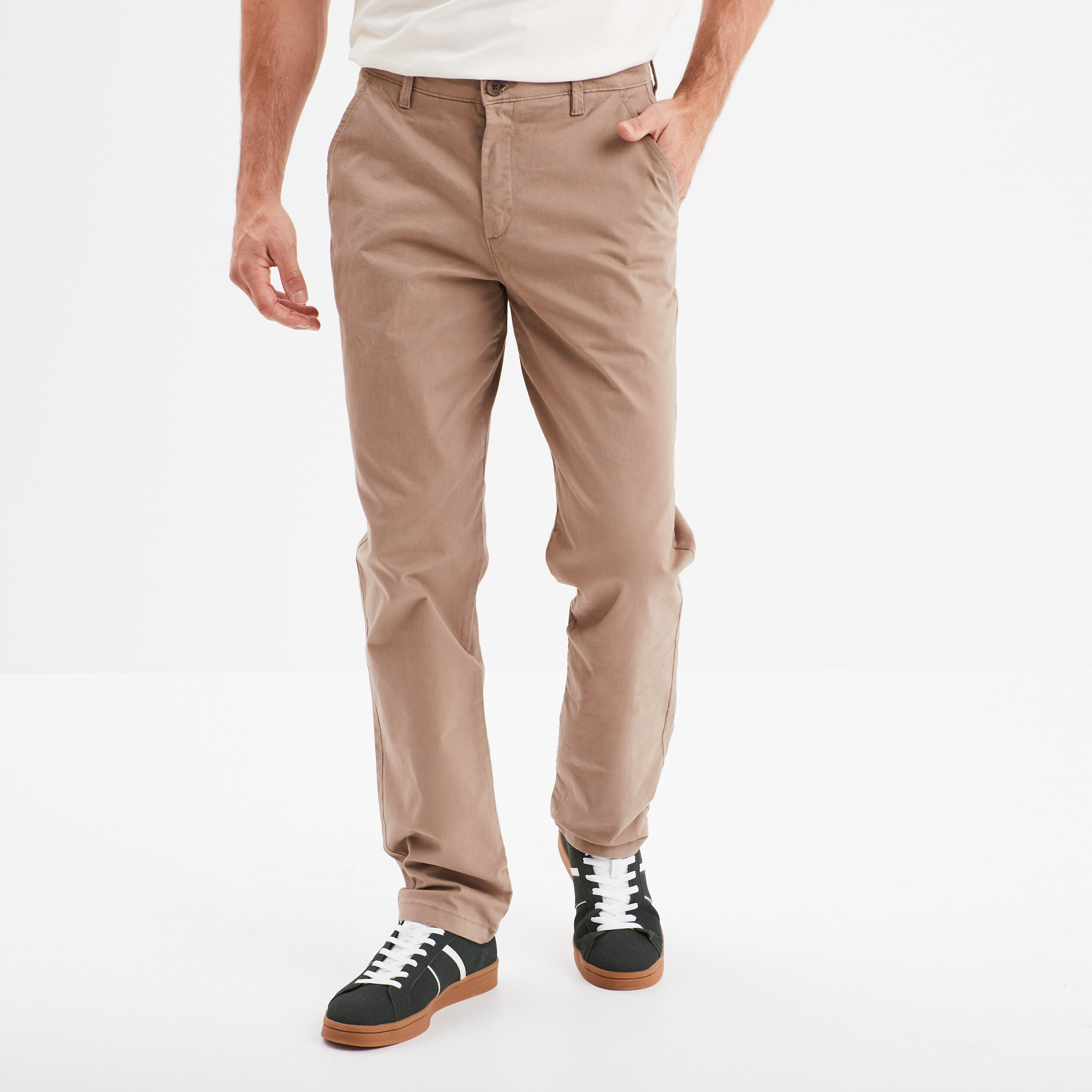 Pantalon chino droit stretch retrousse taupe homme