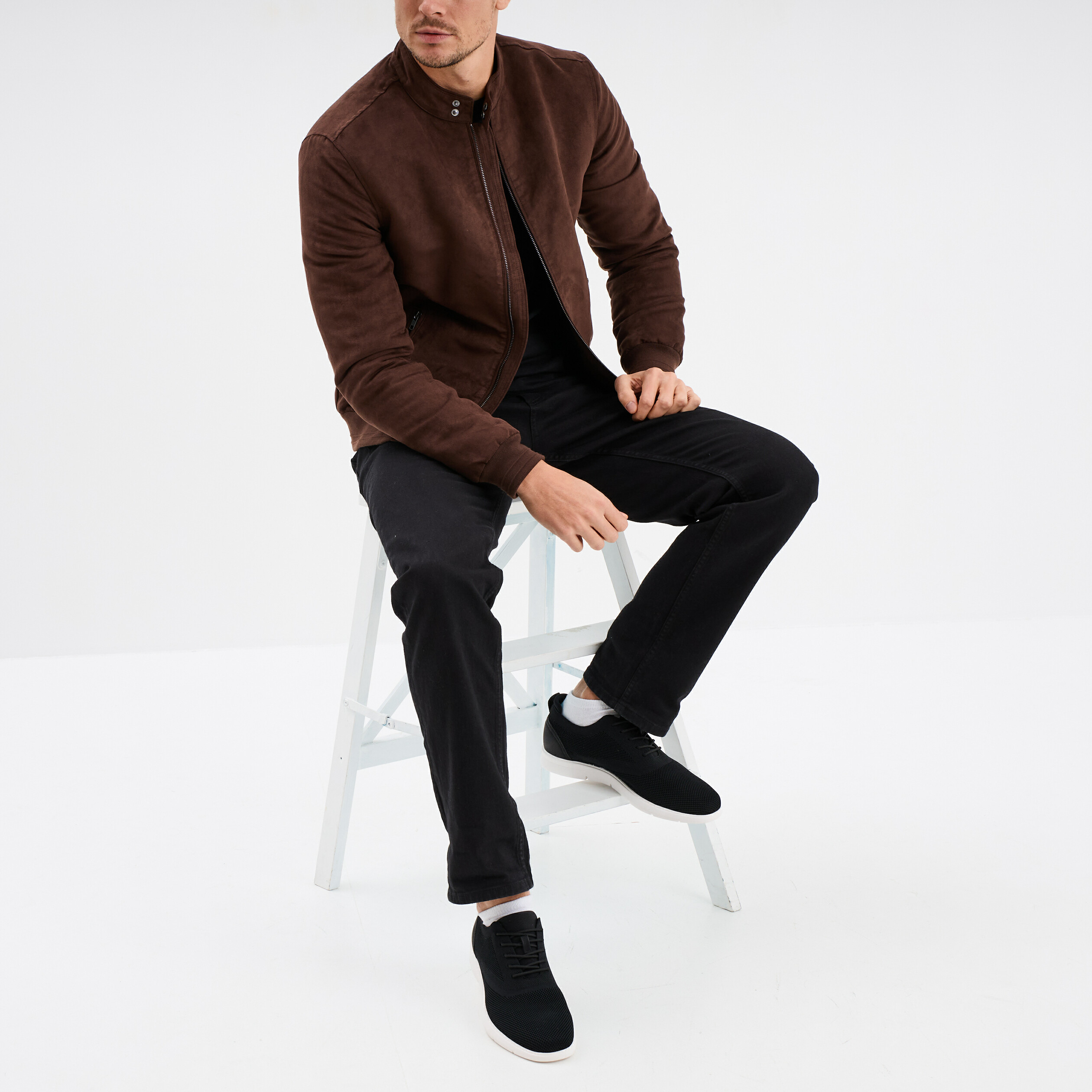 Blouson col biker en su&eacute;dine zipp&eacute; marron fonc&eacute; homme