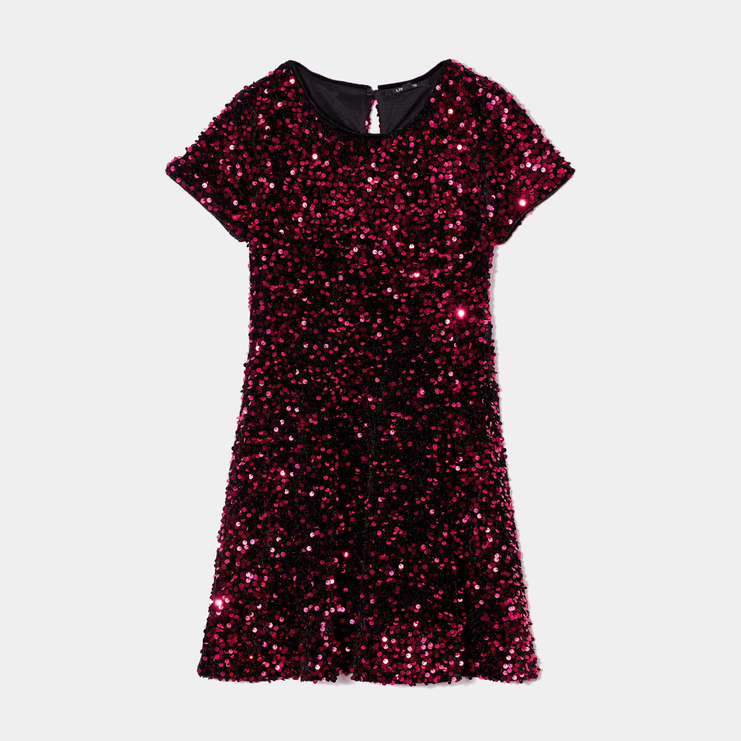 Robe trapèze à sequins manches courtes rose fushia fille
