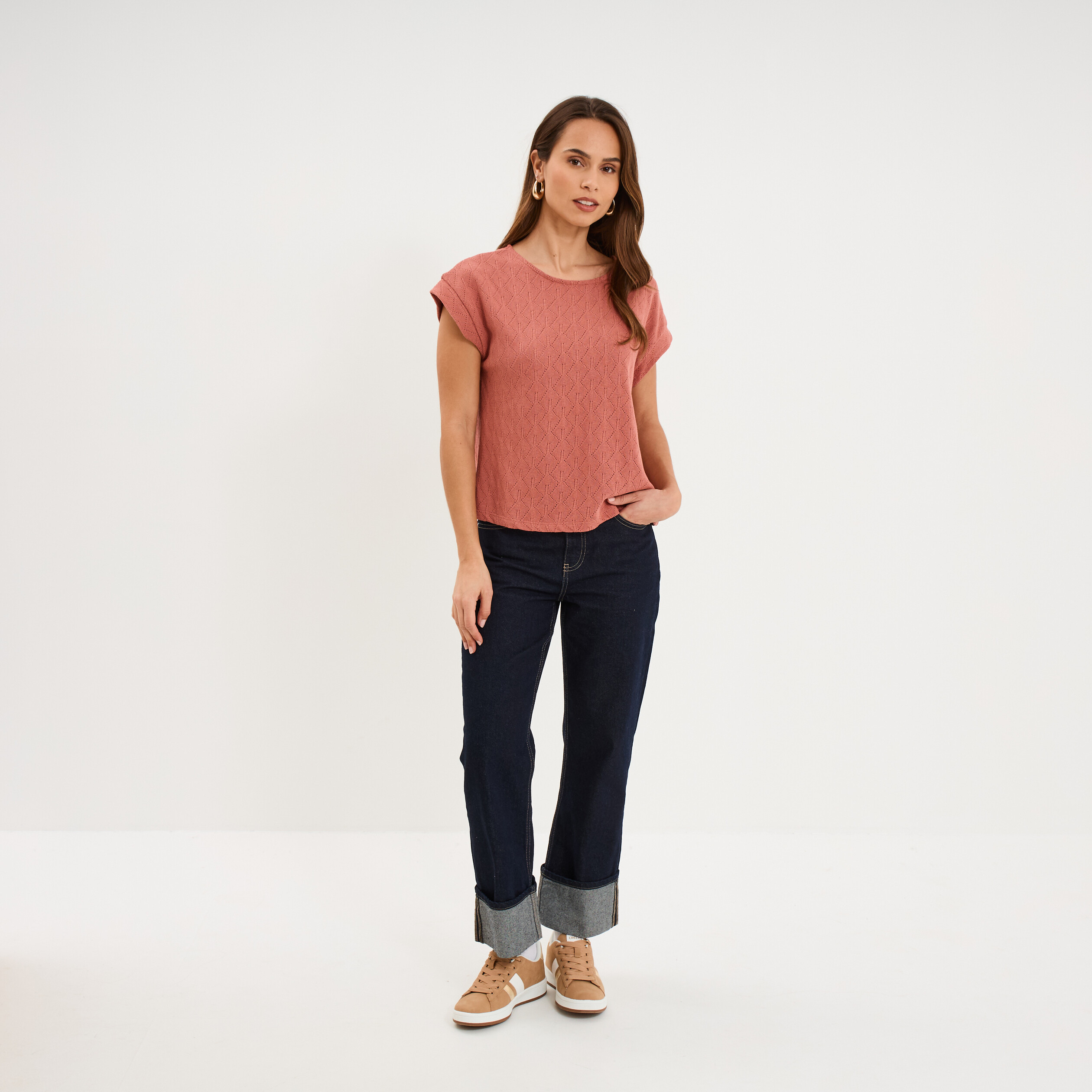 T-shirt ajour&eacute; manches courtes terracotta femme