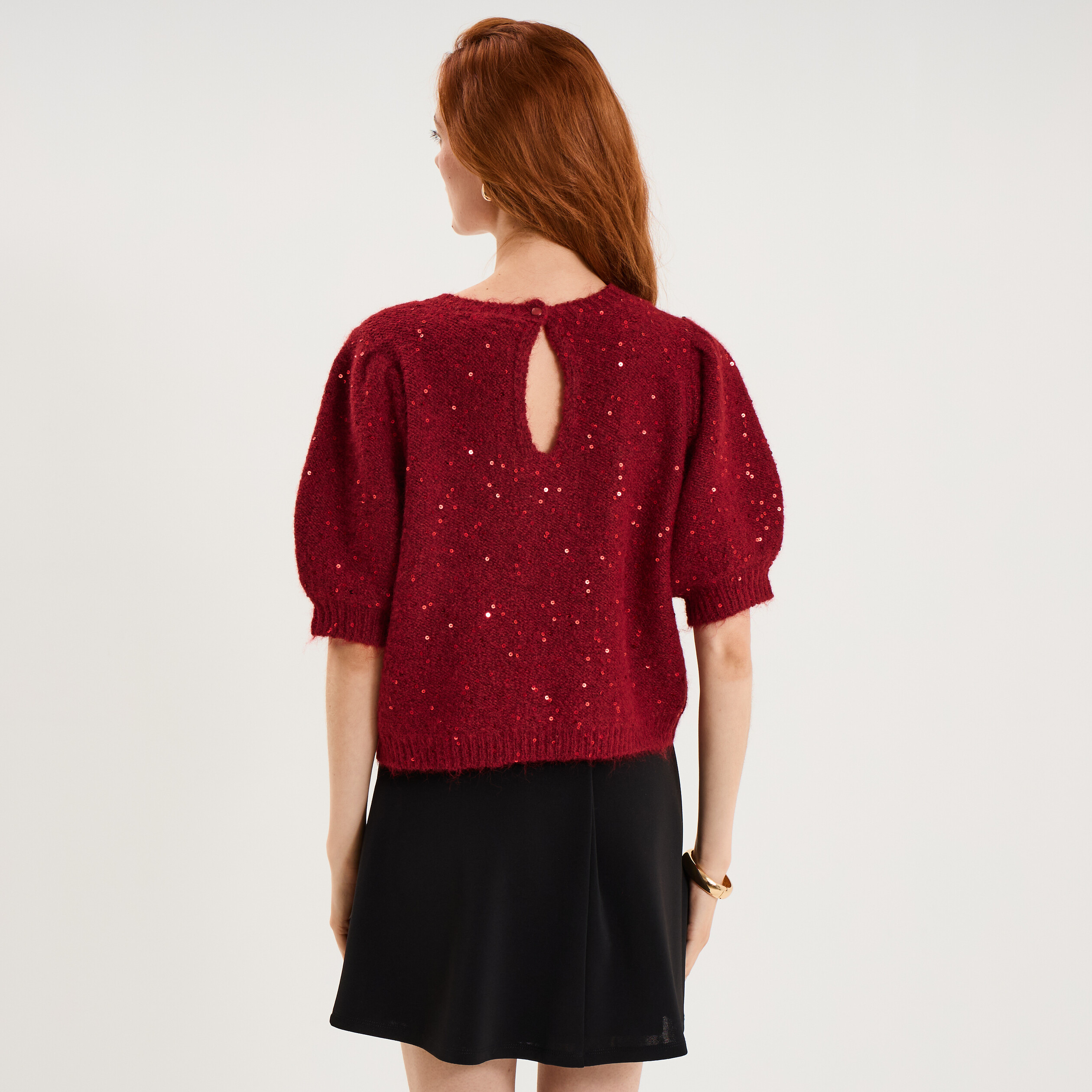 Pull sequins et manches courtes ballons rouge femme
