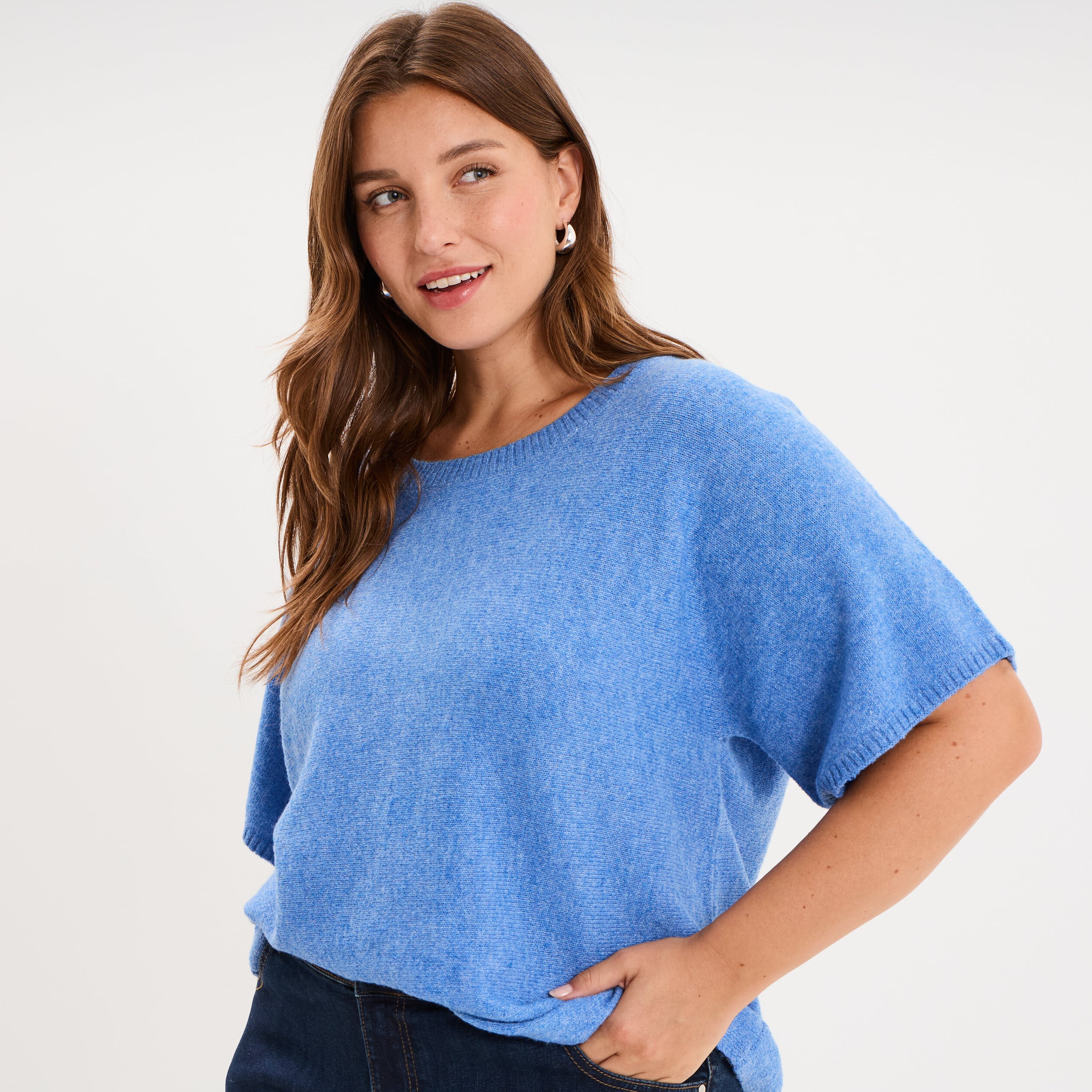 Pull manches courtes bleu femme grande taille