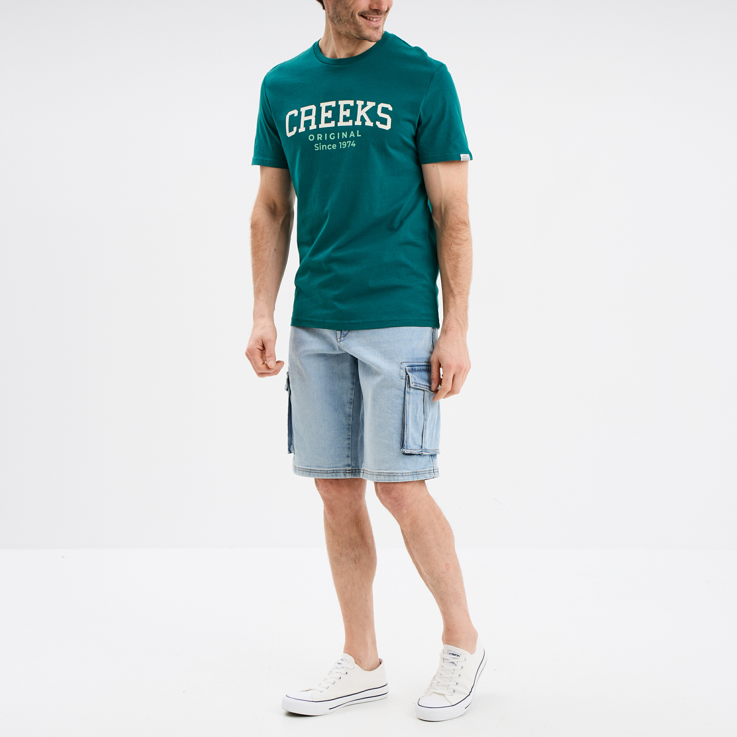 Bermuda cargo en jean Creeks denim bleach homme