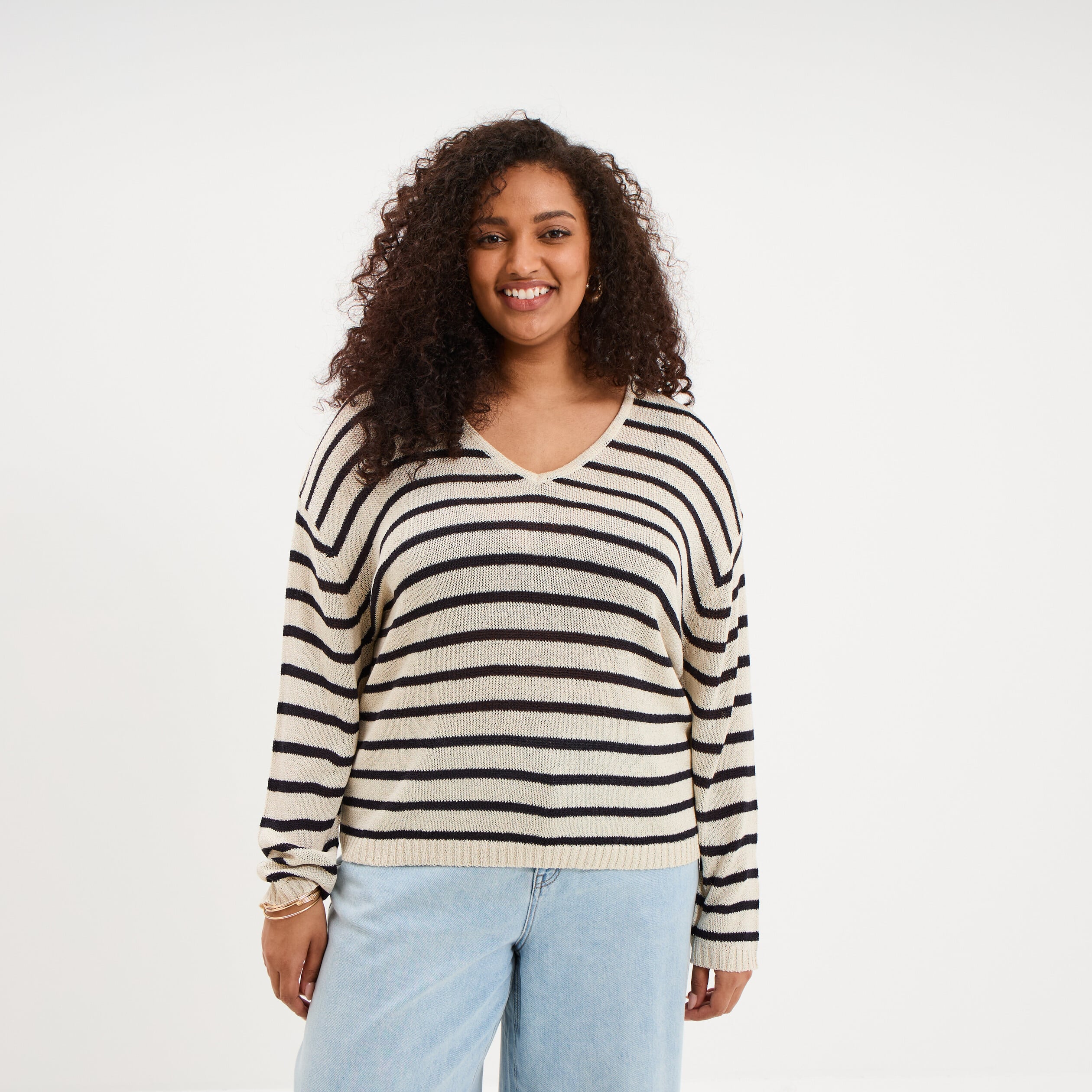 Pull ajust&eacute; manches longues ecru femme grande taille