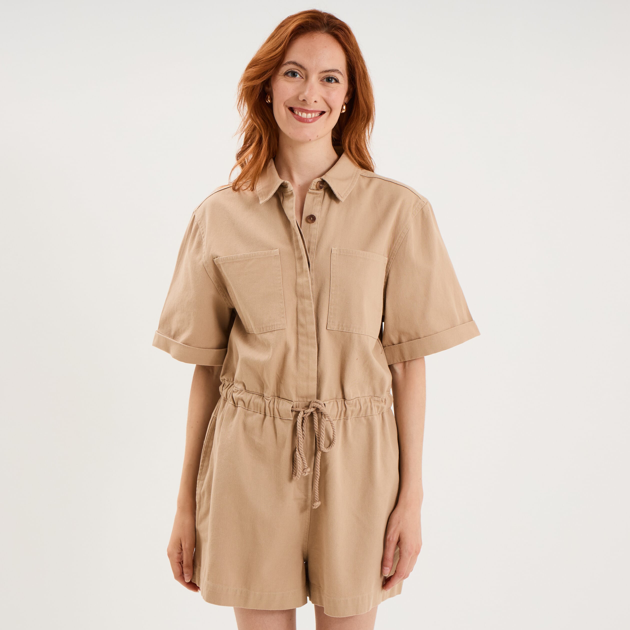 Combishort taille &agrave; coulisse coton sable femme