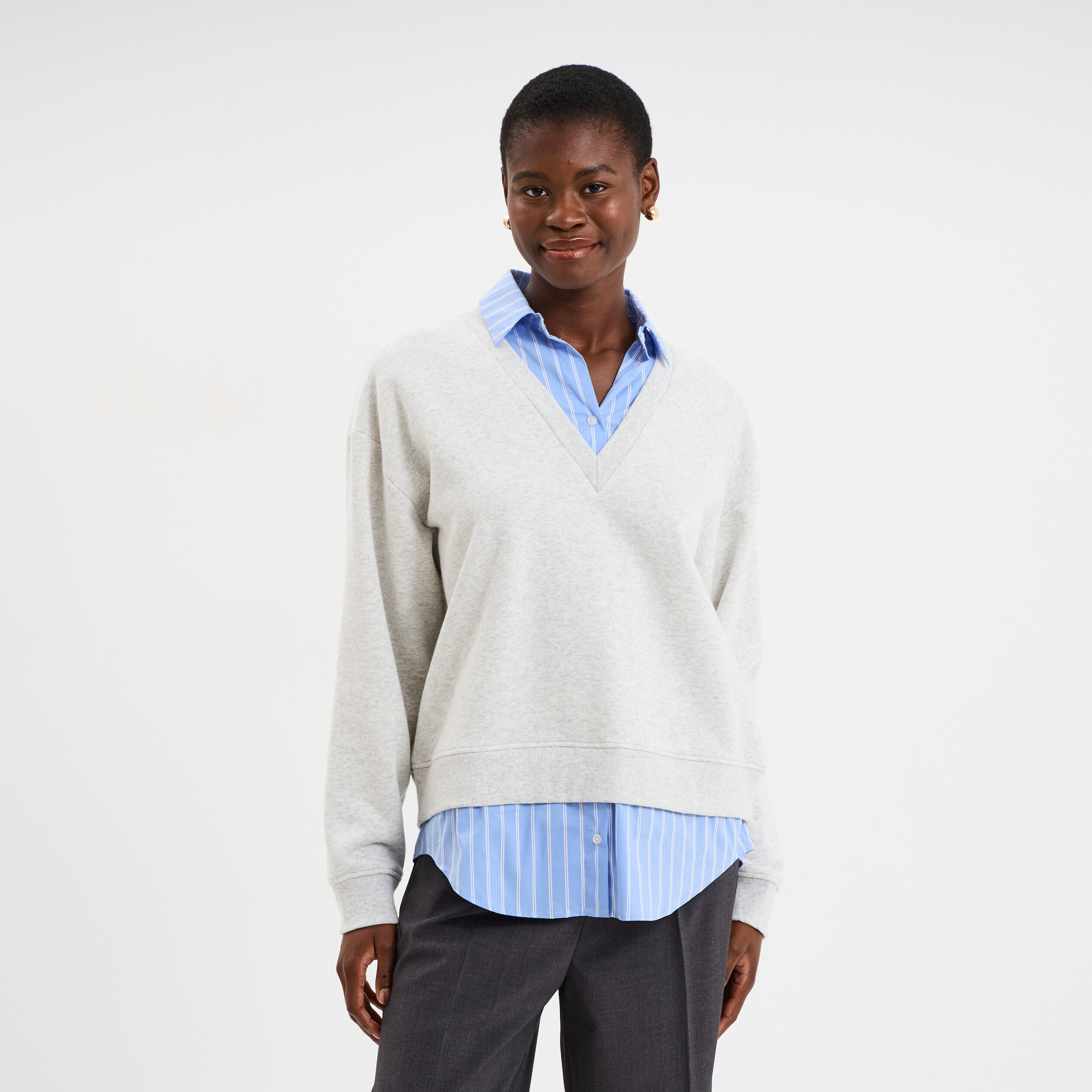 Sweat effet 2-en-1 chemise gris clair femme La Halle