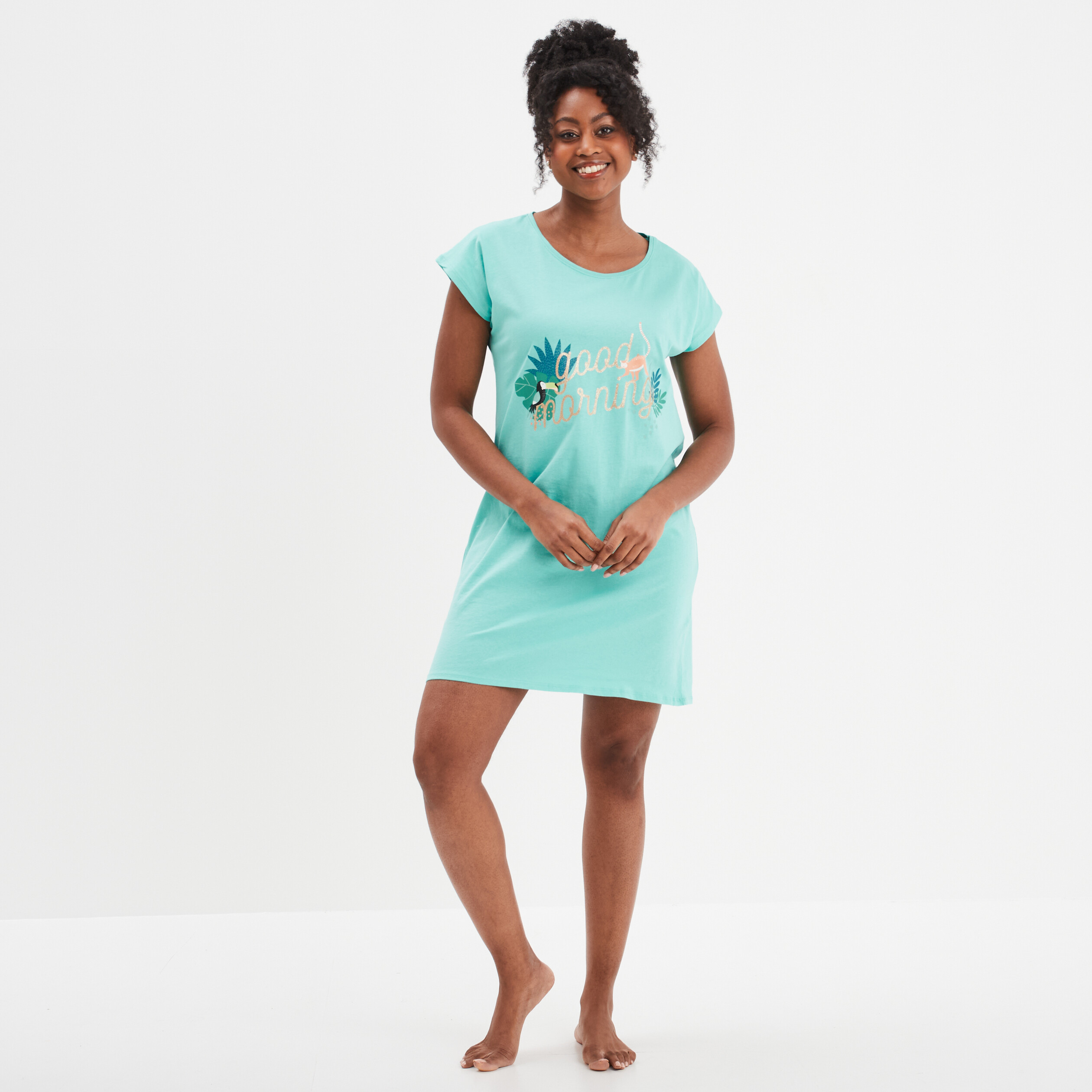 Chemise de nuit manches courtes coton bleu turquoise femme