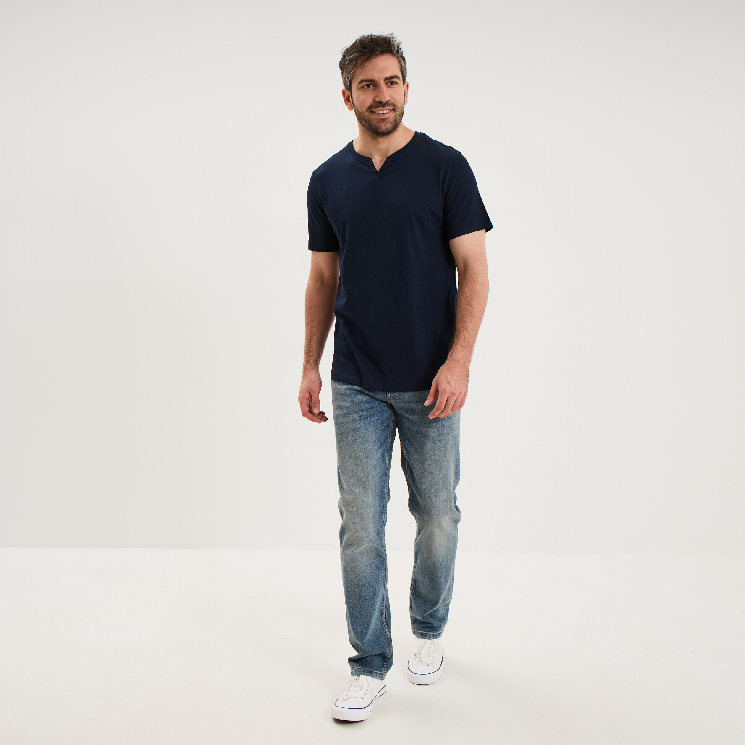 T-shirt manches courtes col tunisien bleu marine homme