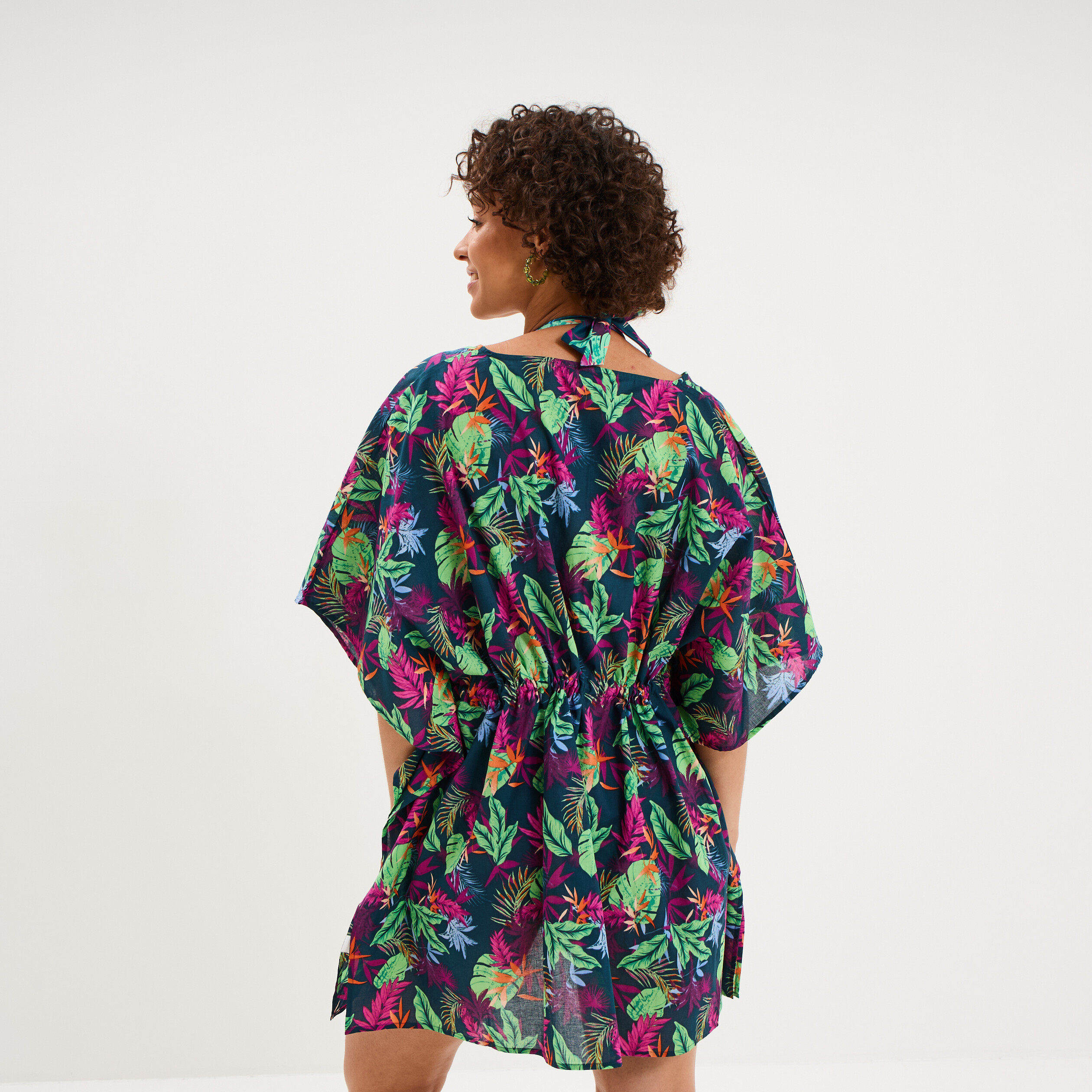 Robe de plage en coton col V bleu p&eacute;trole femme