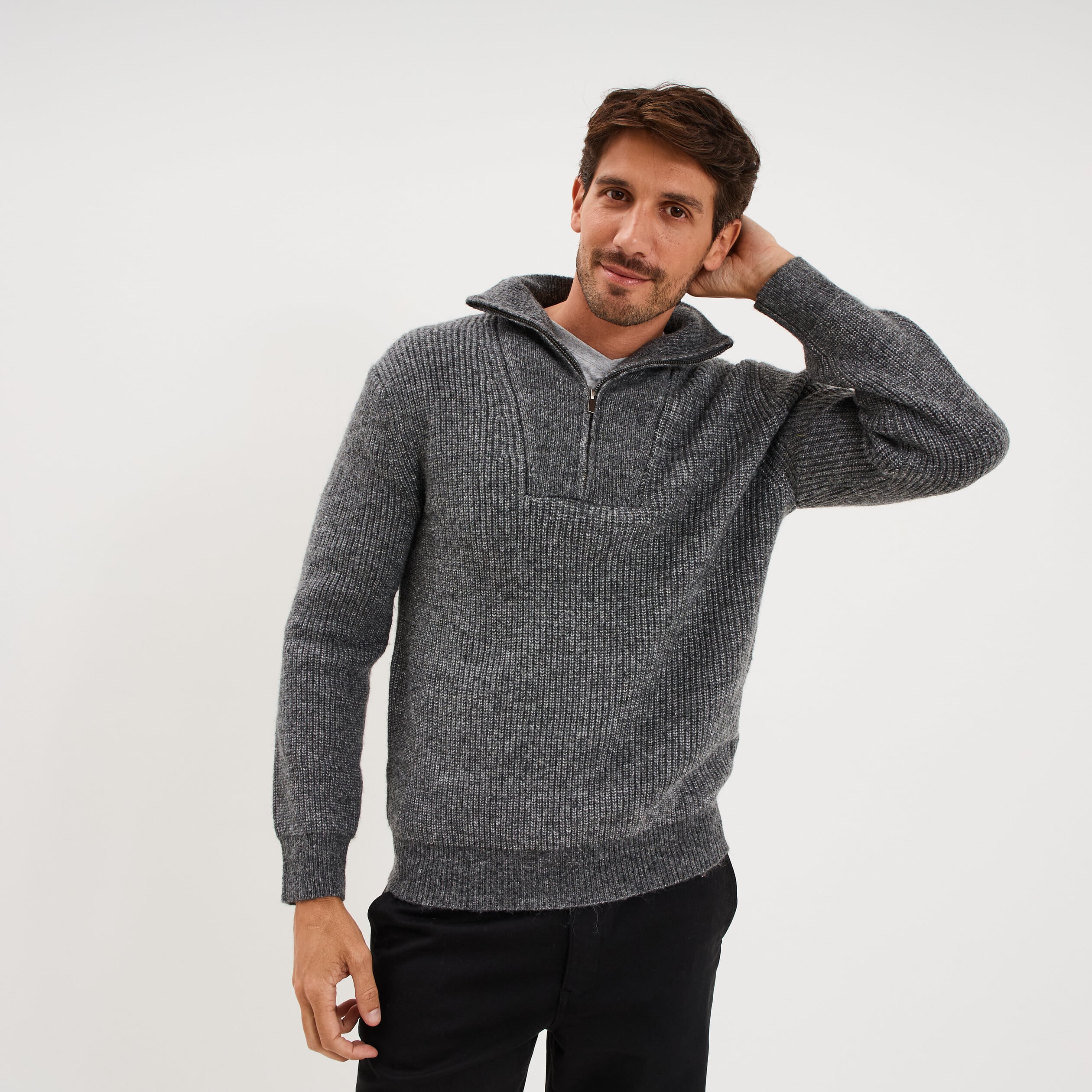 Pull avec col camionneur c&ocirc;tel&eacute; gris fonc&eacute; homme