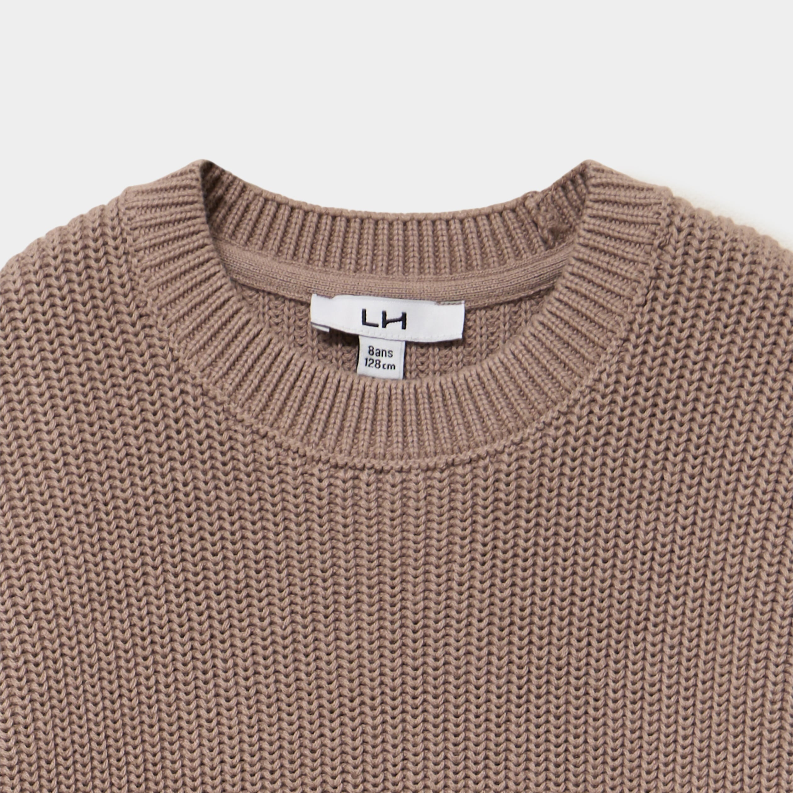 Pull col rond manches longues coton taupe gar&ccedil;on