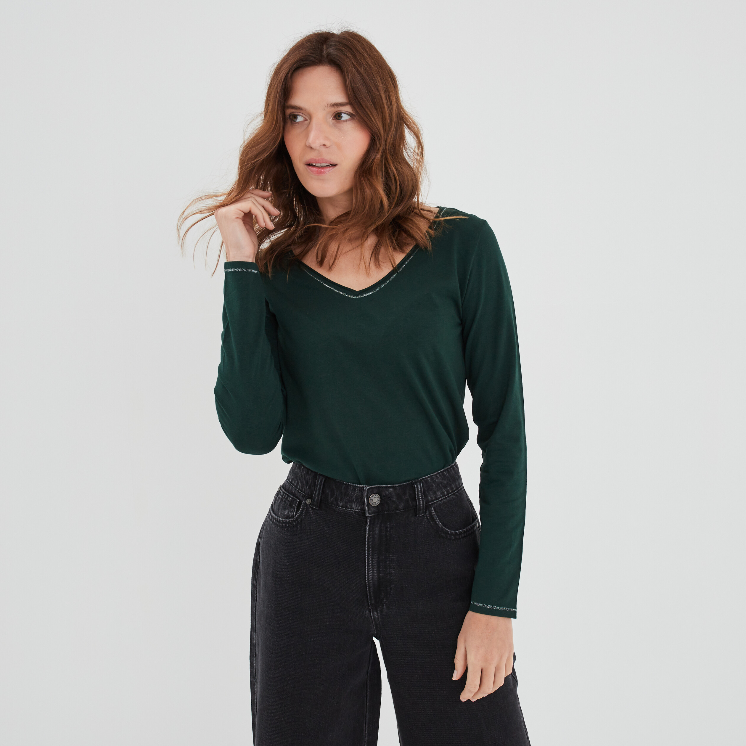 Tee-shirt long fendu manches courtes femme vert foncé