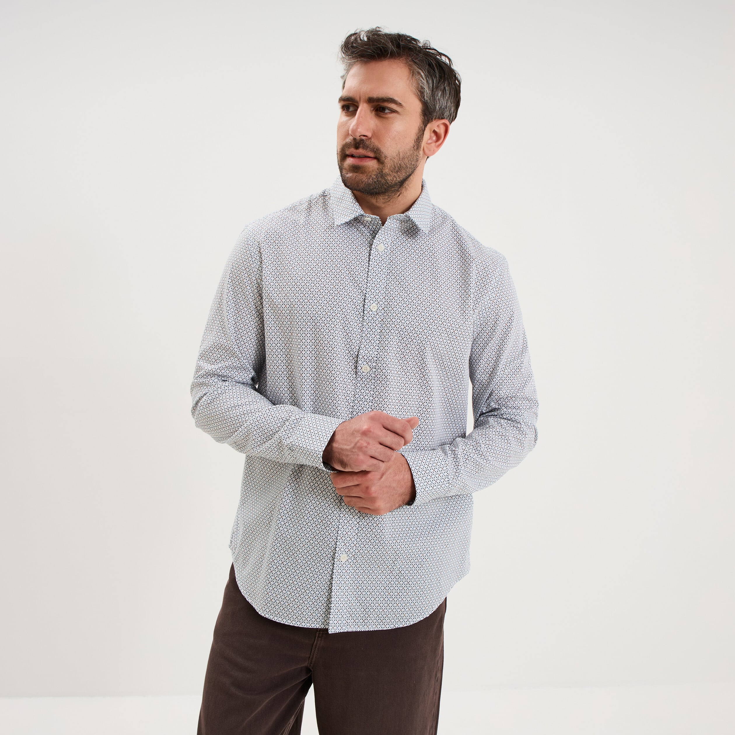 Chemise droite imprim&eacute;e manches longues beige homme