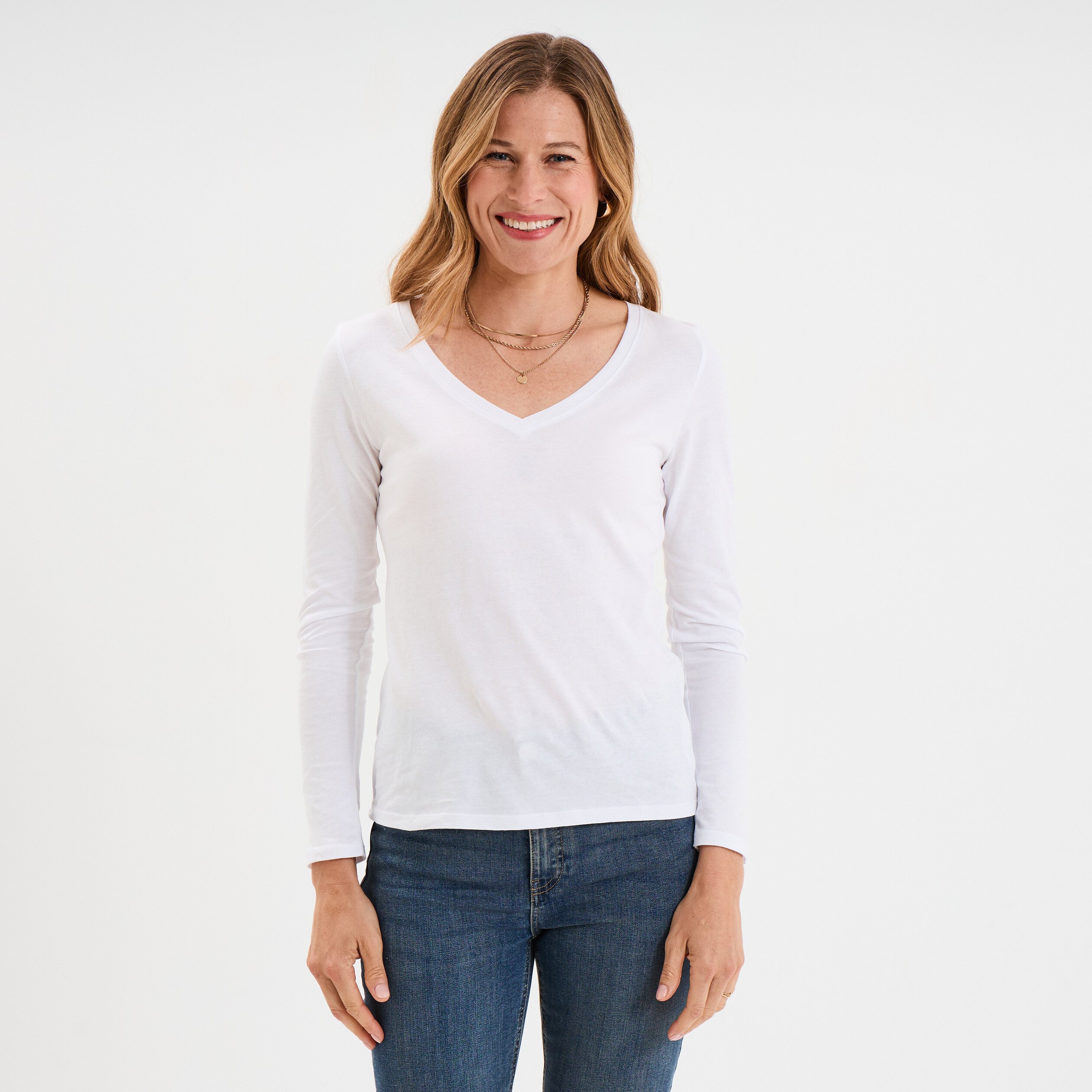 t shirt col en v manches longues coton blanc femme T-shirt col en V manches longues coton blanc femme