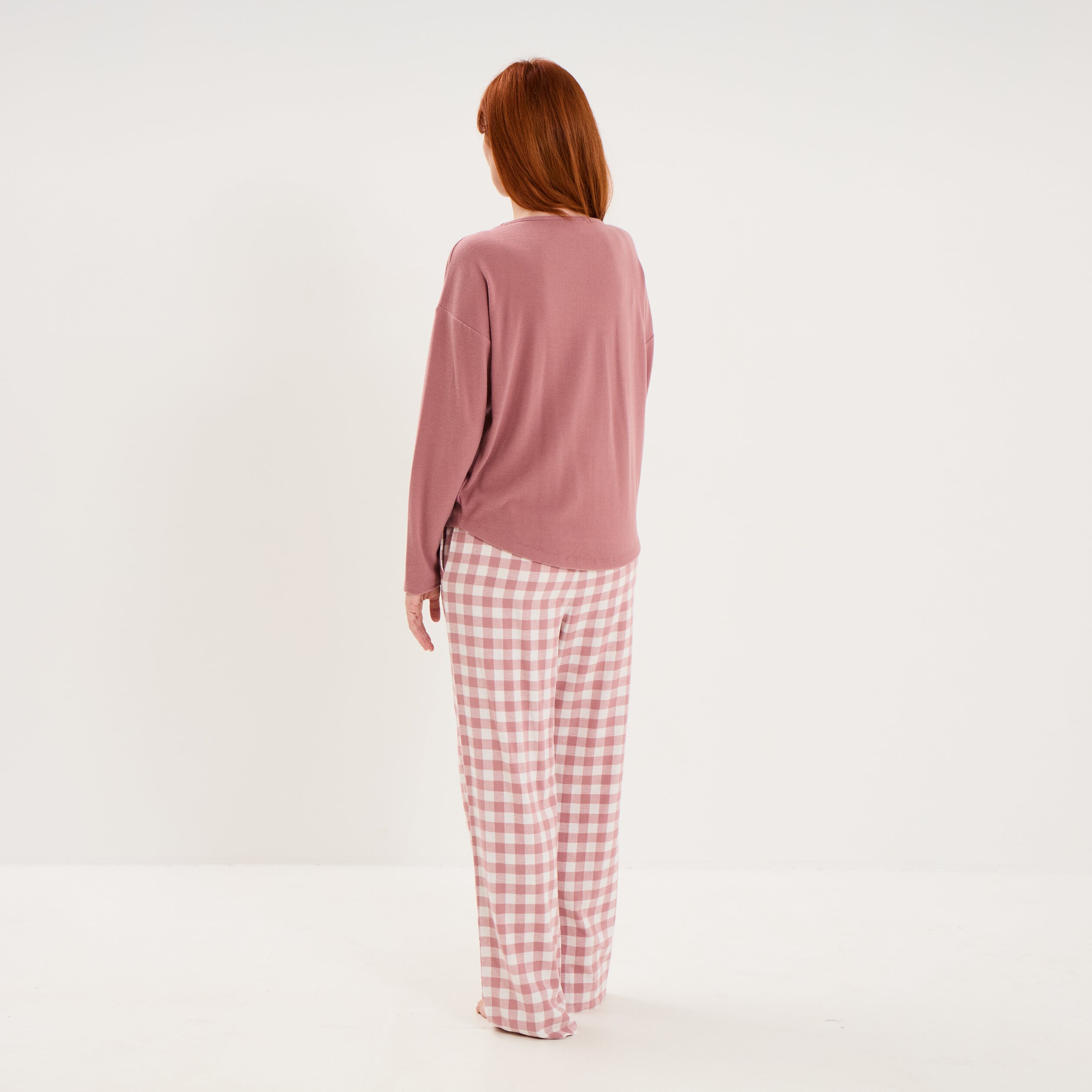 Pyjama pantalon manches longues rose nude femme