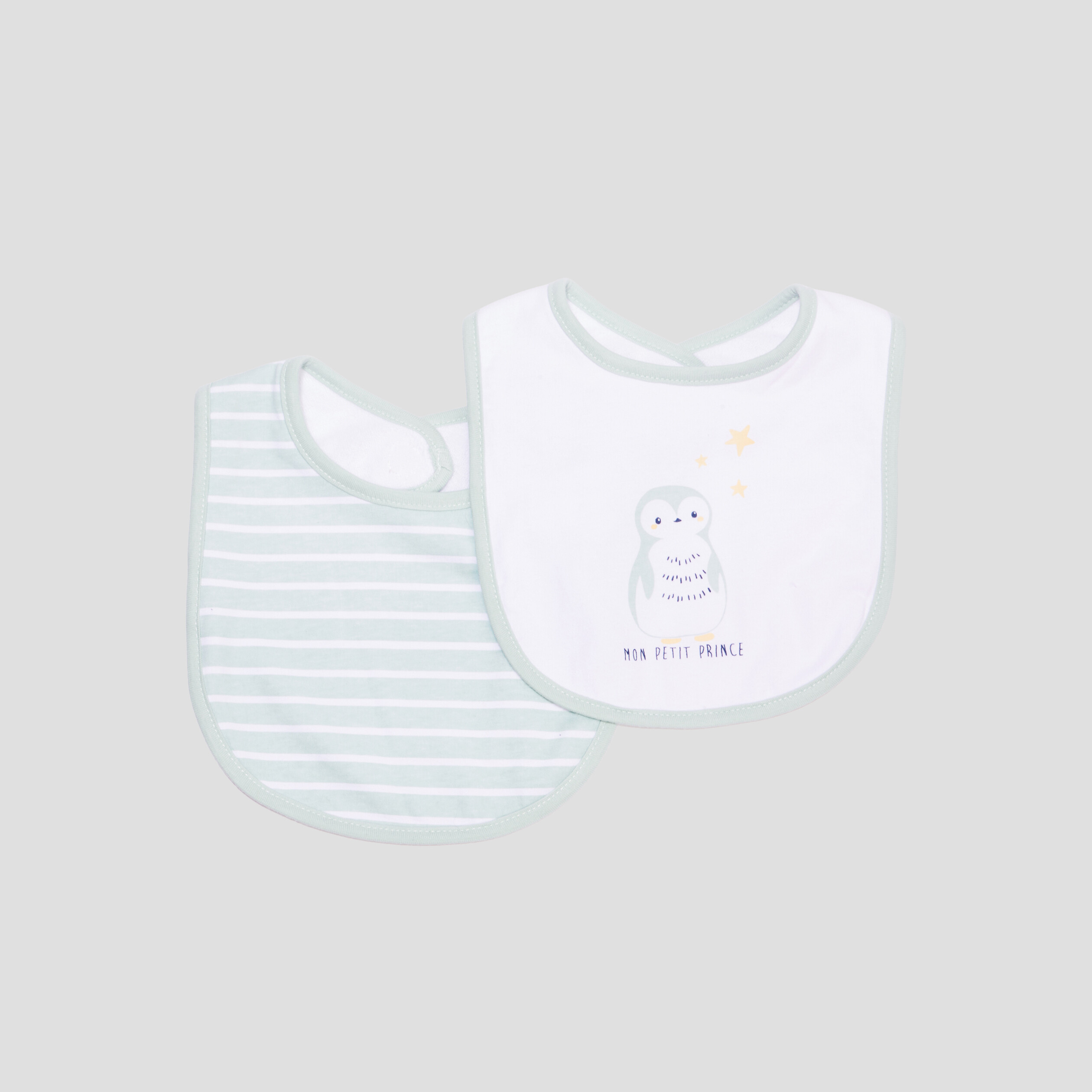 Lot 2 bavoirs coton pingouin bleu gris bébé