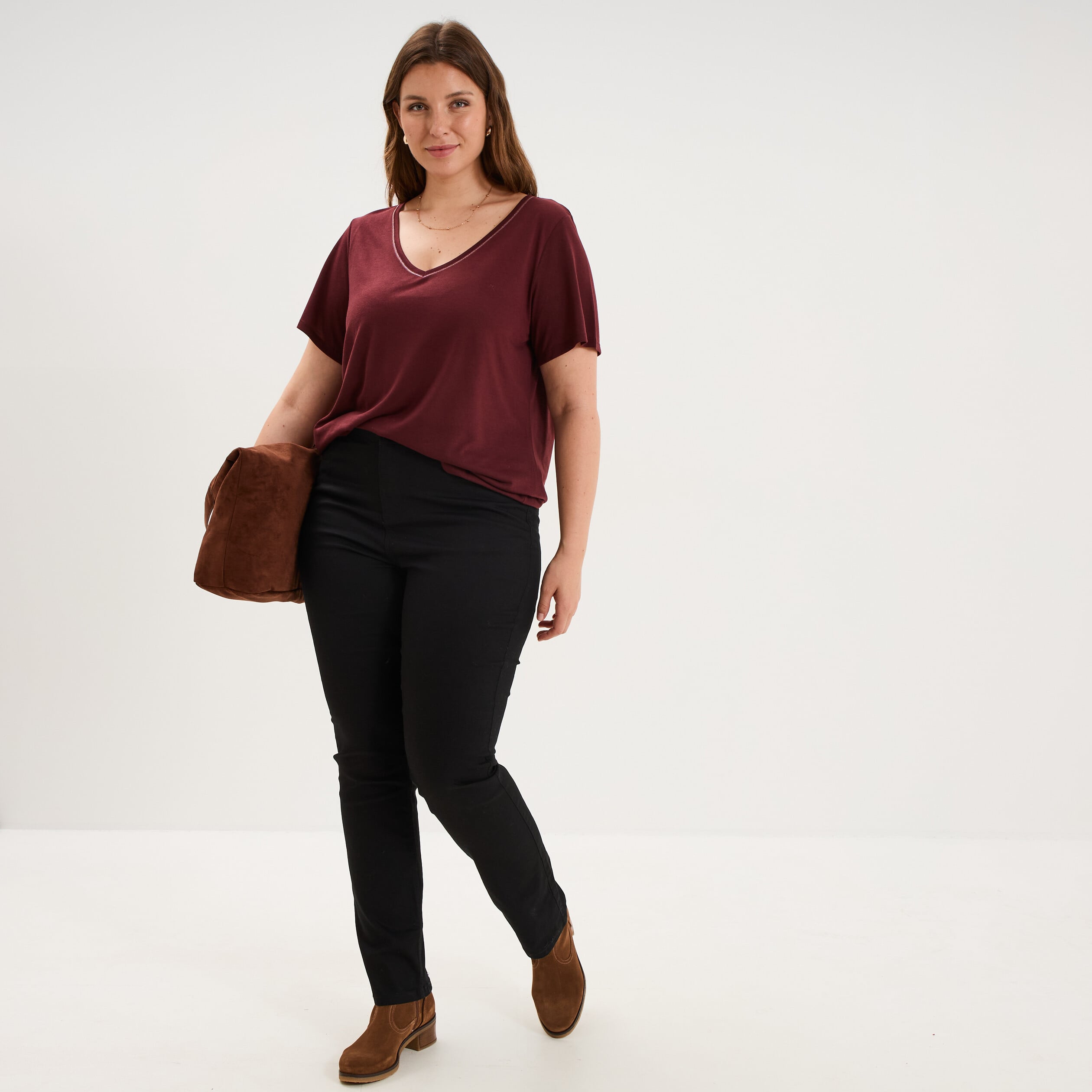 Pantalon droit taille haute extensible noir femme grande taille