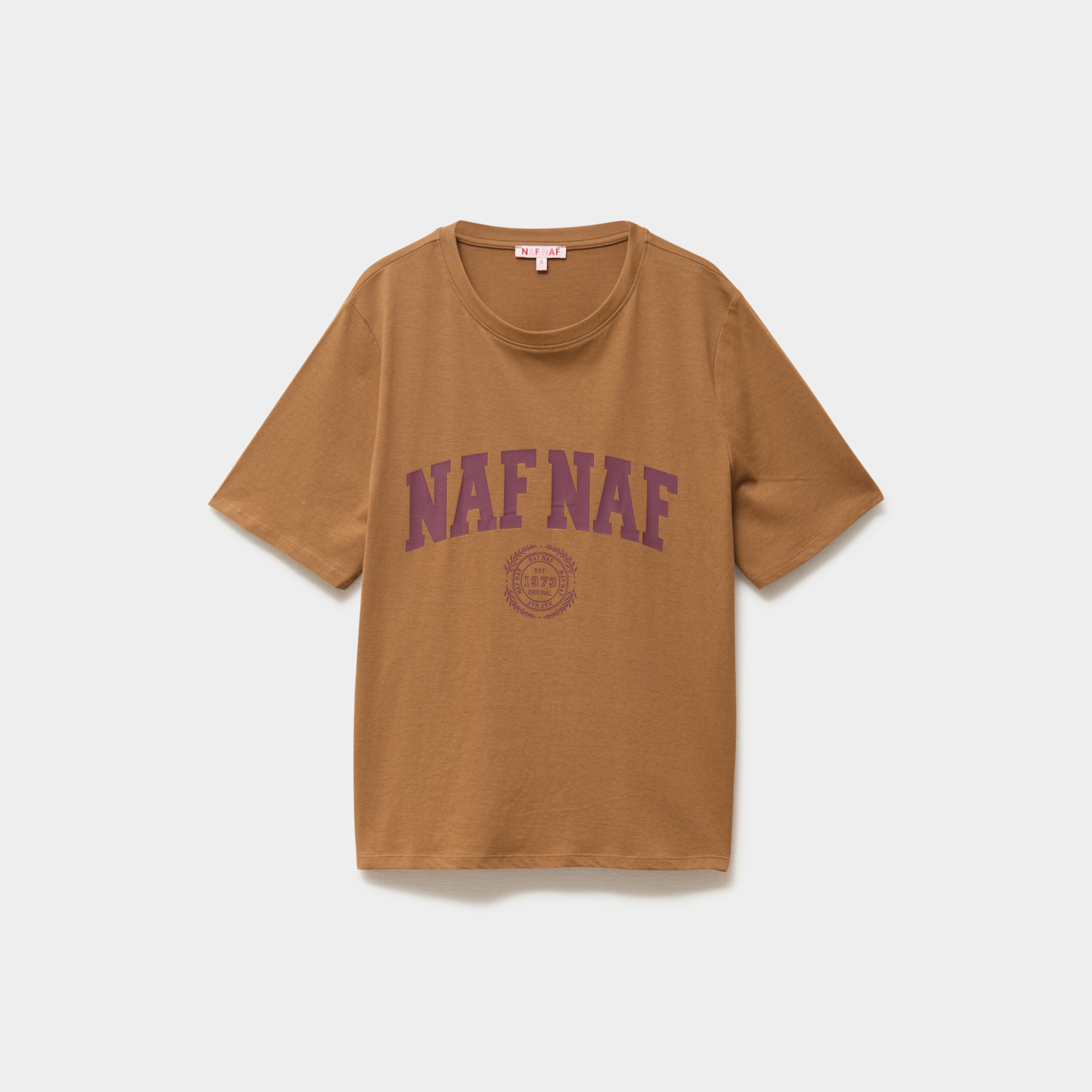 T-shirt col rond manches courtes print marron clair femme