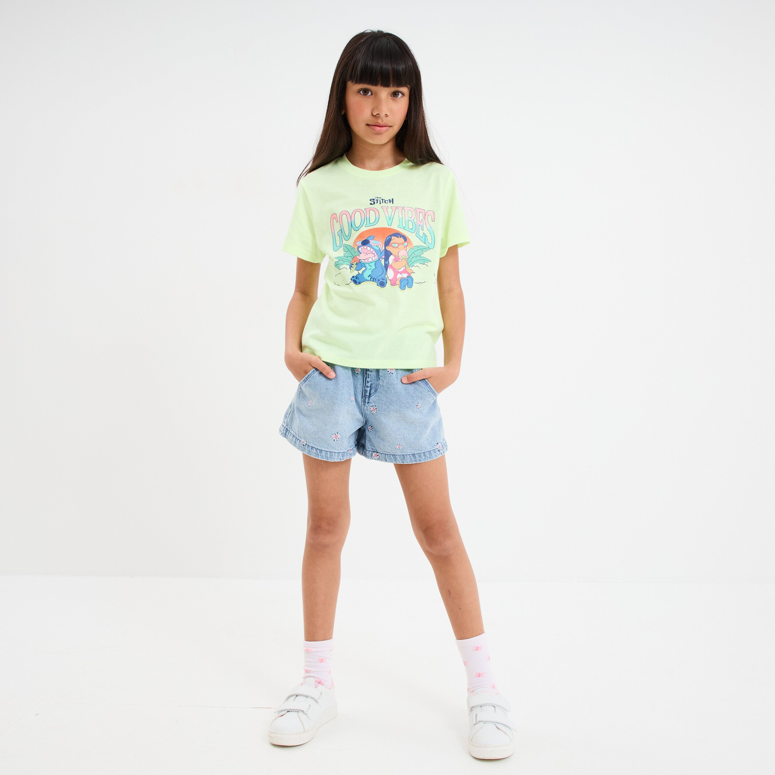 t shirt manches courtes stitch jaune fluo fille T-shirt manches courtes Stitch jaune fluo fille