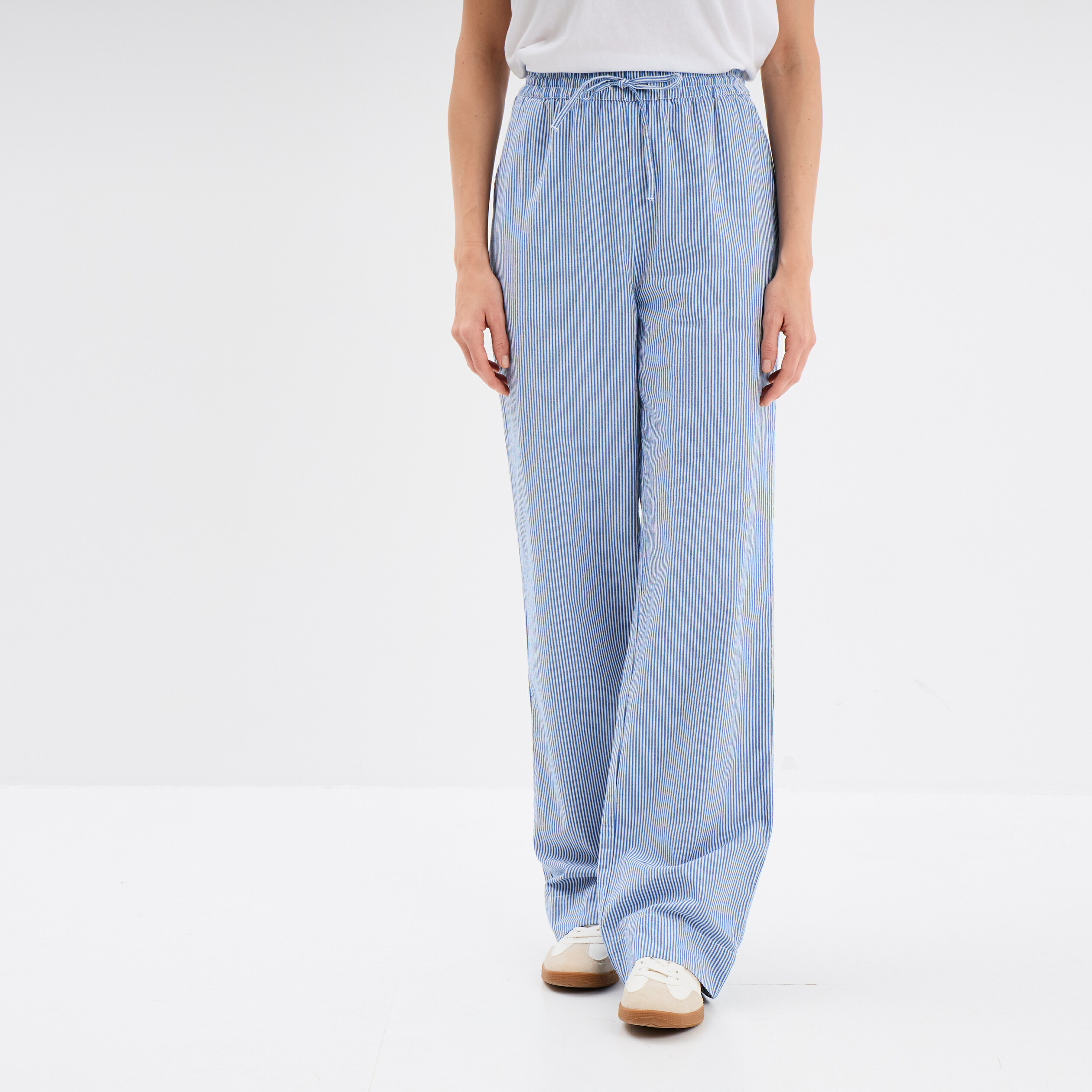 Pantalon droit fluide taille &eacute;lastiqu&eacute;e ecru femme