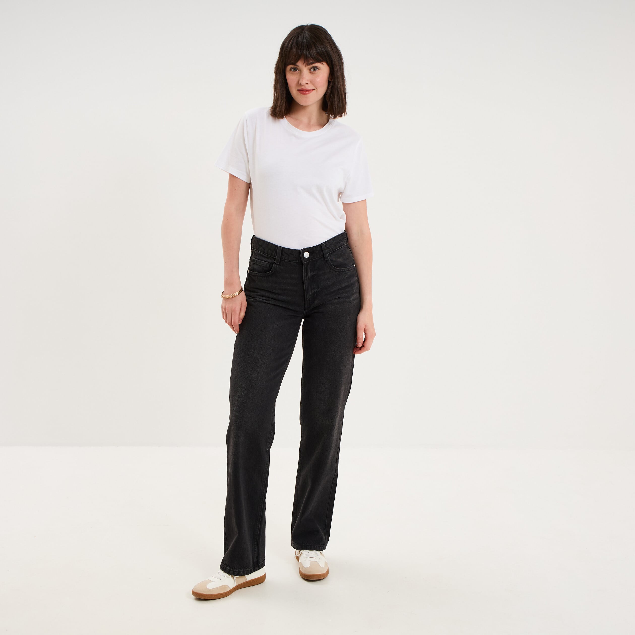 Jean droit taille basse coton denim noir femme