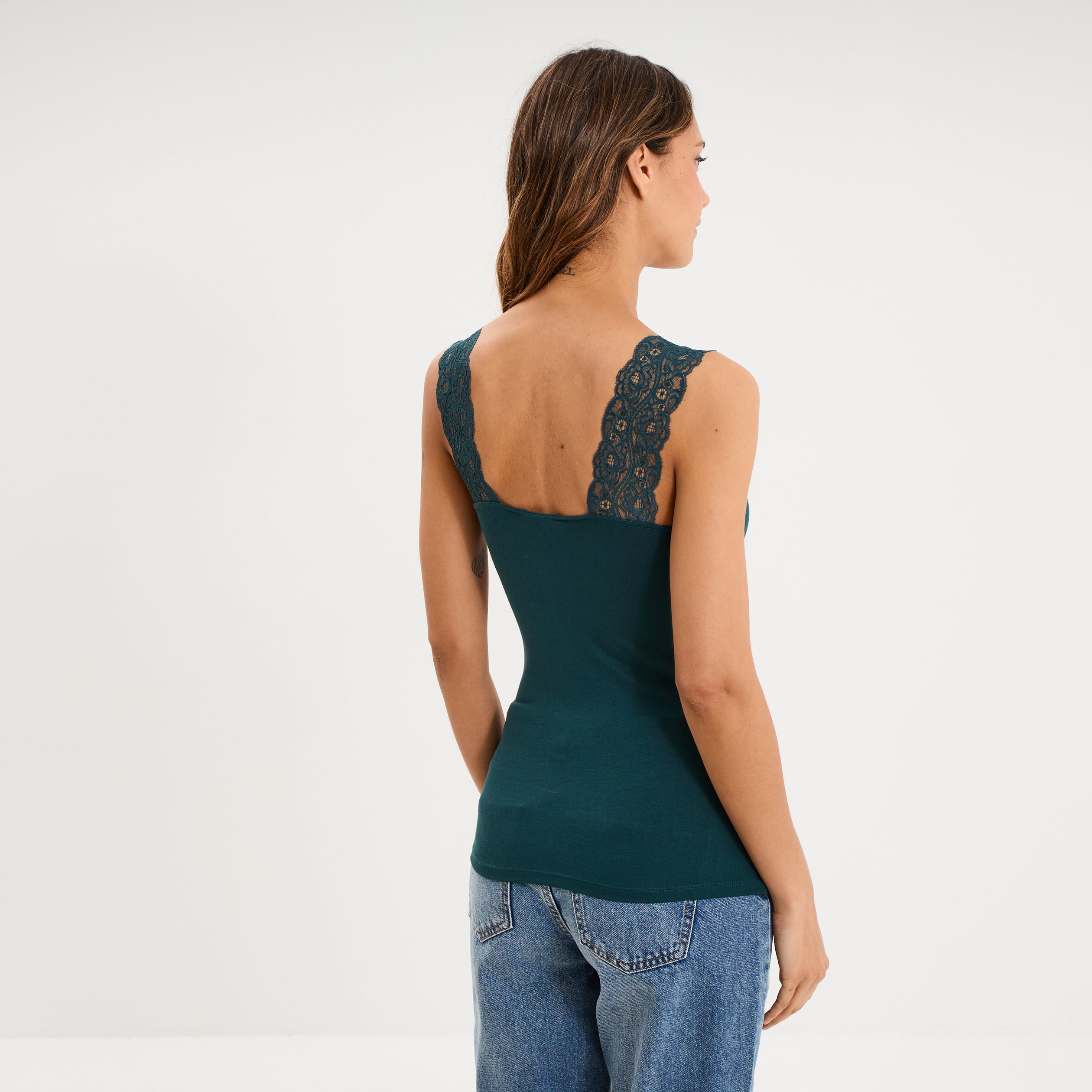 D&eacute;bardeur ajust&eacute; avec dentelle col V vert fonc&eacute; femme