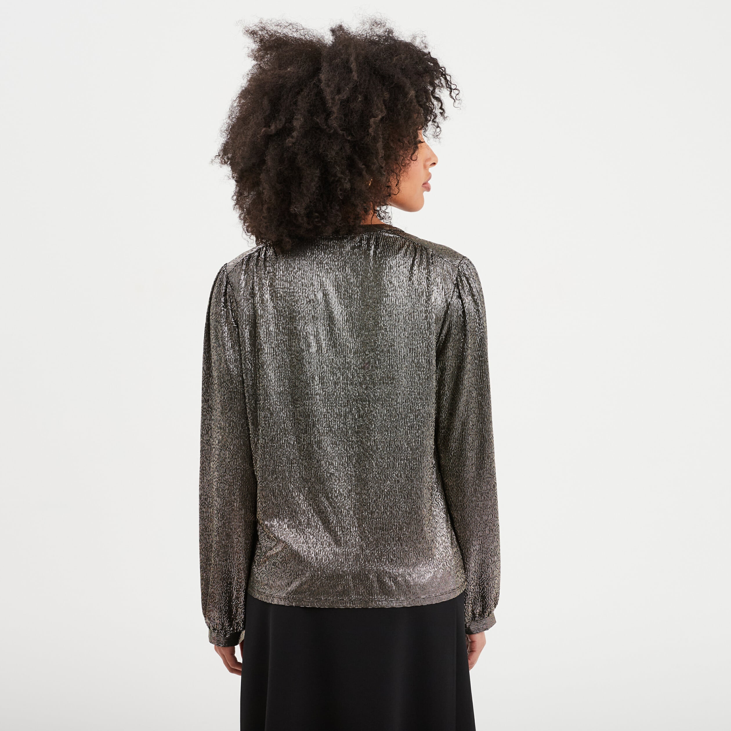 Blouse m&eacute;tallis&eacute;e manches longues jaune or femme