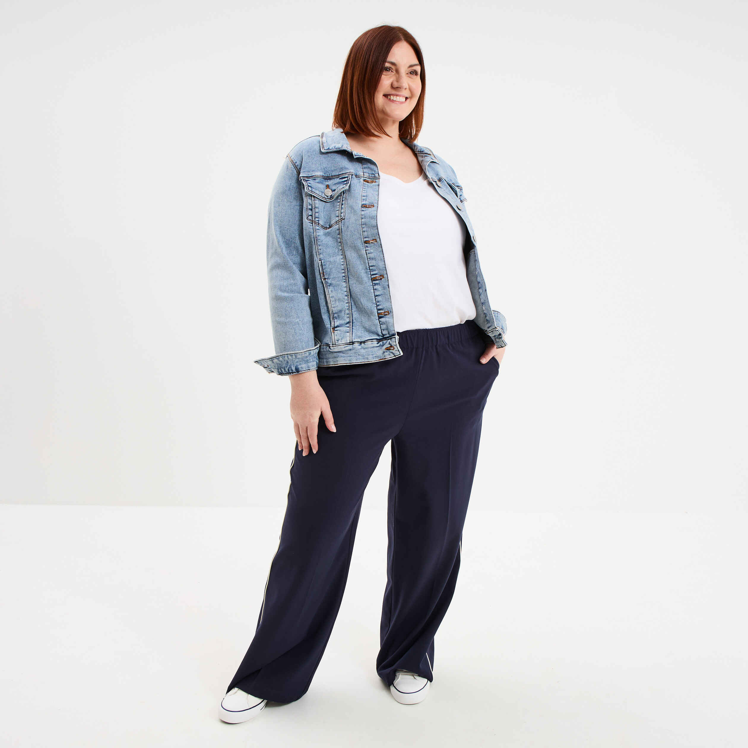 Pantalon large taille &eacute;lastiqu&eacute;e bleu fonc&eacute; femme grande taille