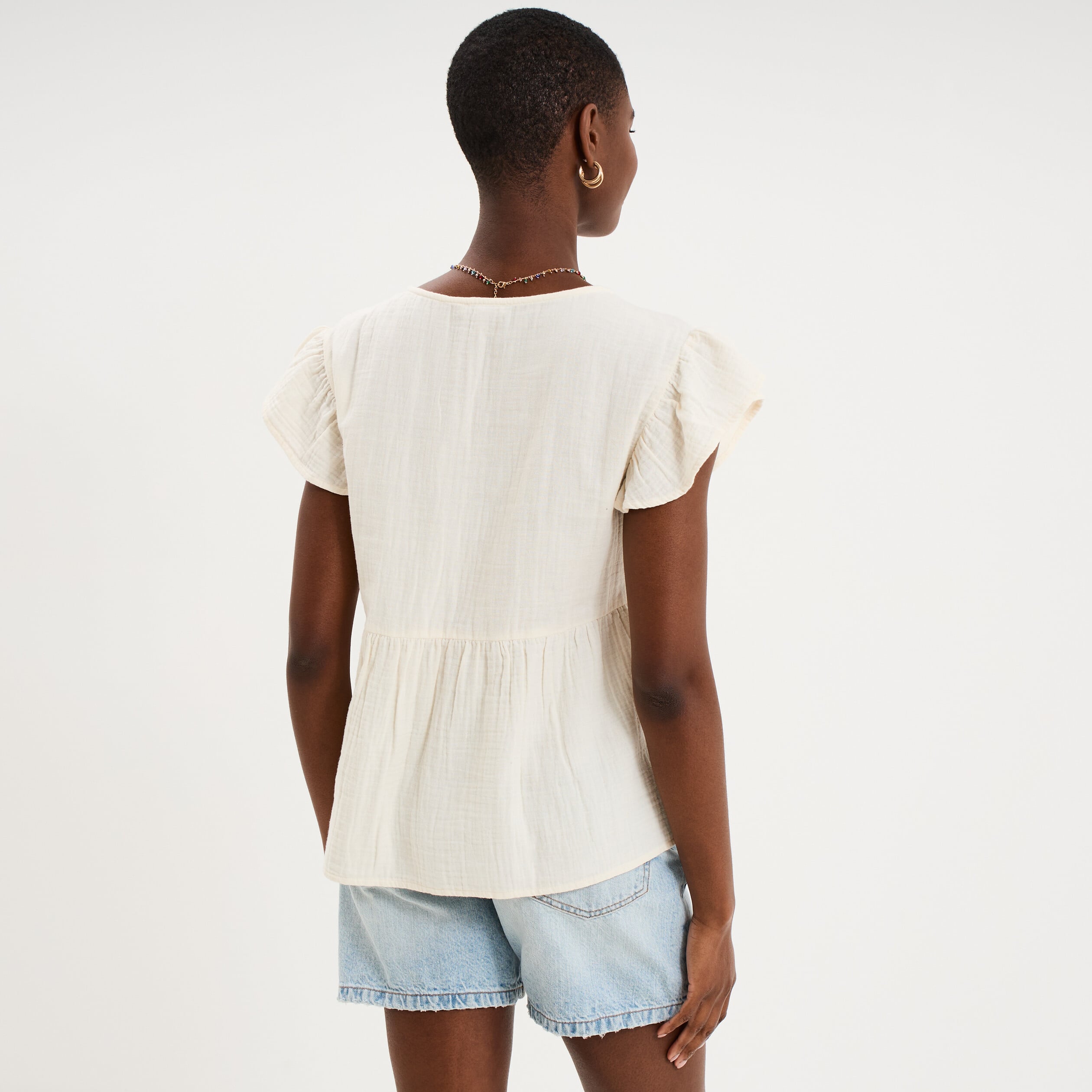 Blouse brod&eacute;e manches volants coton creme femme