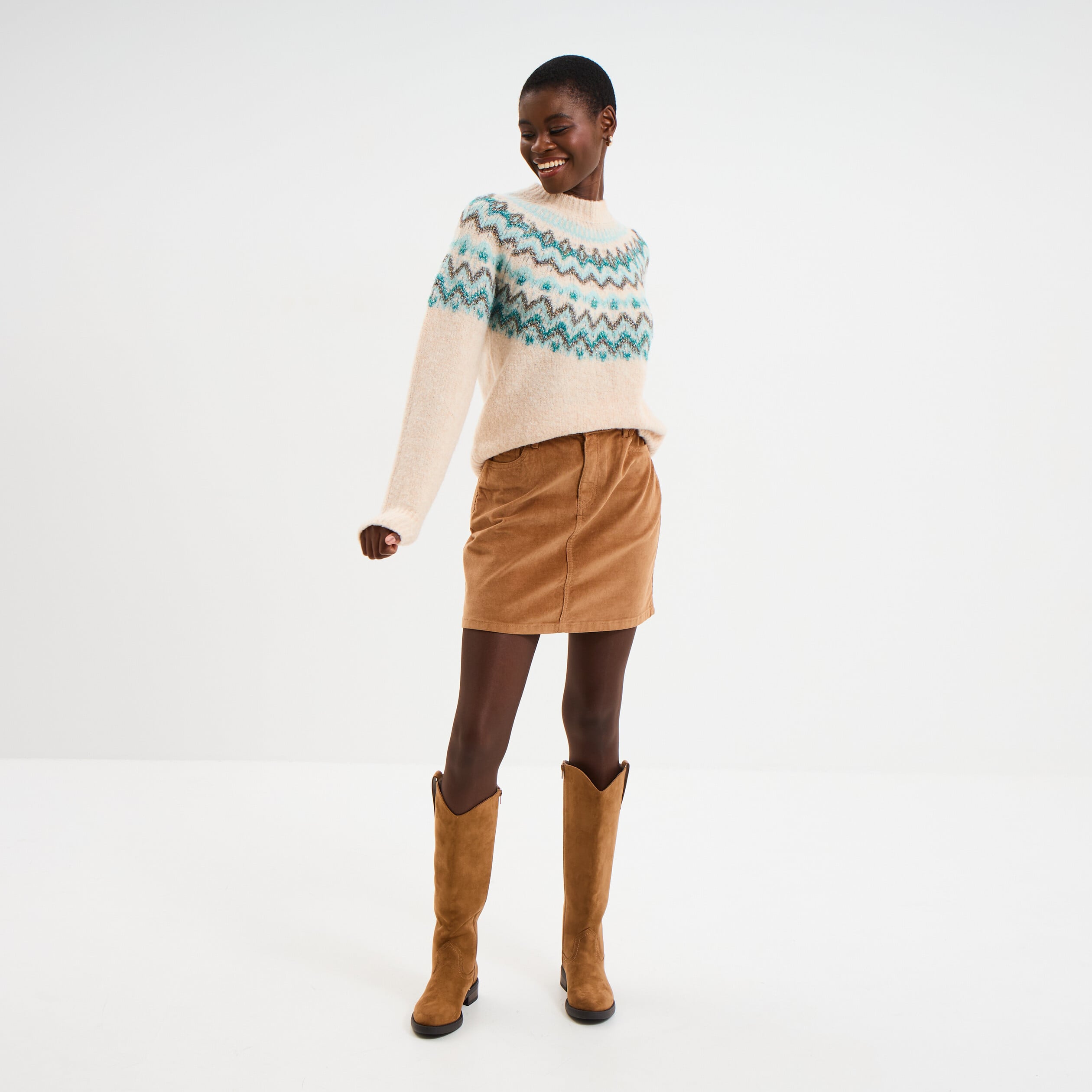 Jupe effet velours courte beige femme