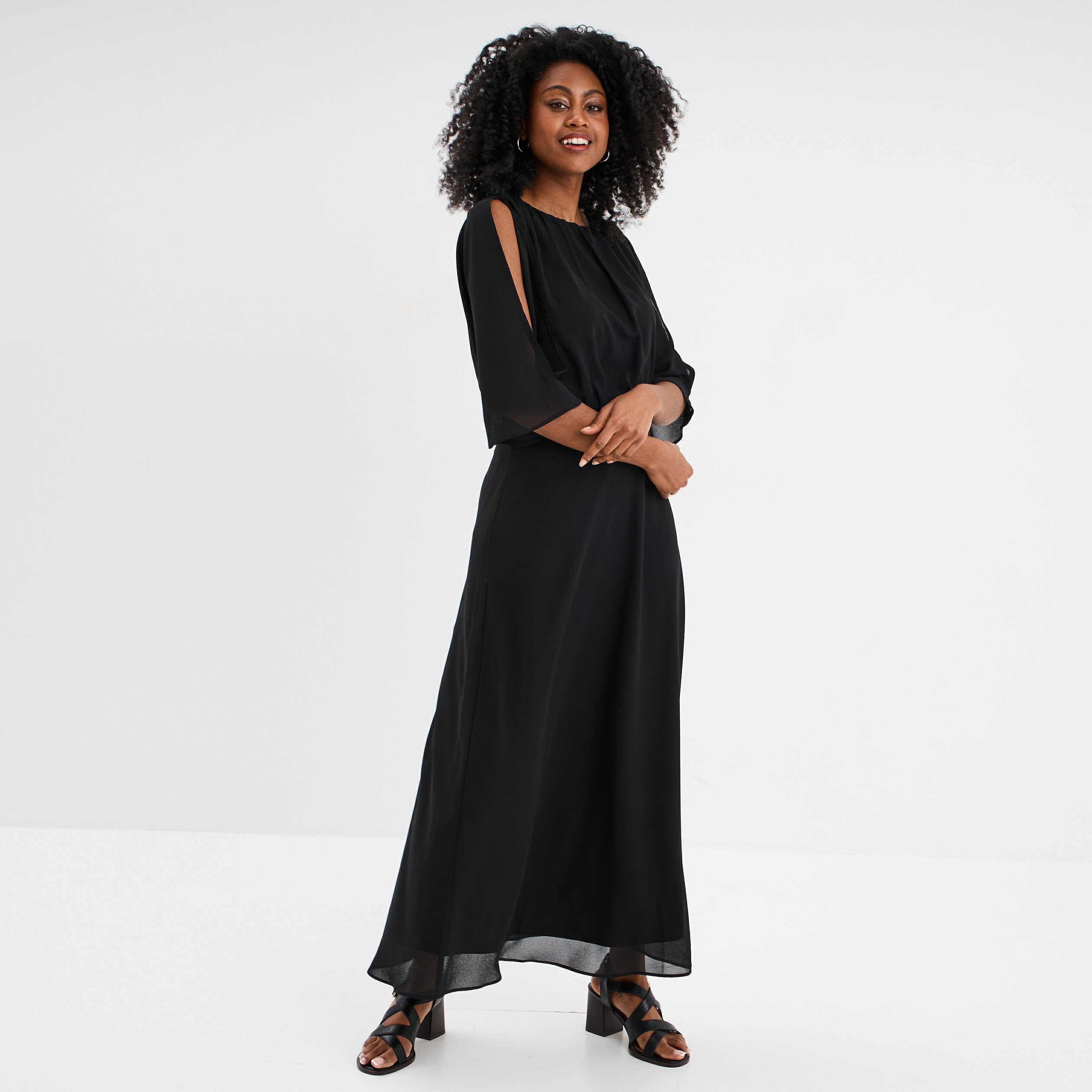 robe midi manches 34 fendues noir femme Robe midi manches 3/4 fendues noir femme