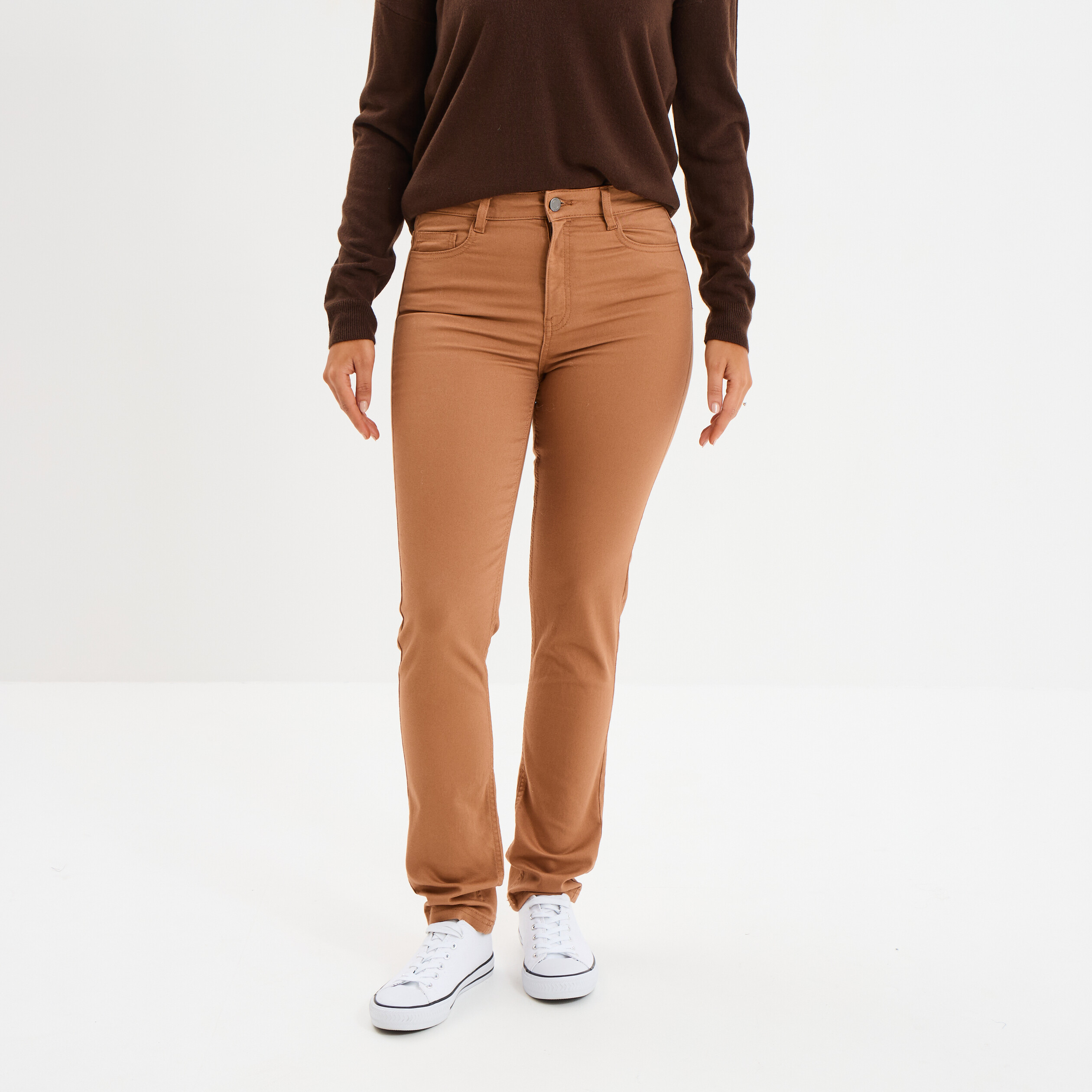 Pantalon slim en coton elasthanne marron clair femme