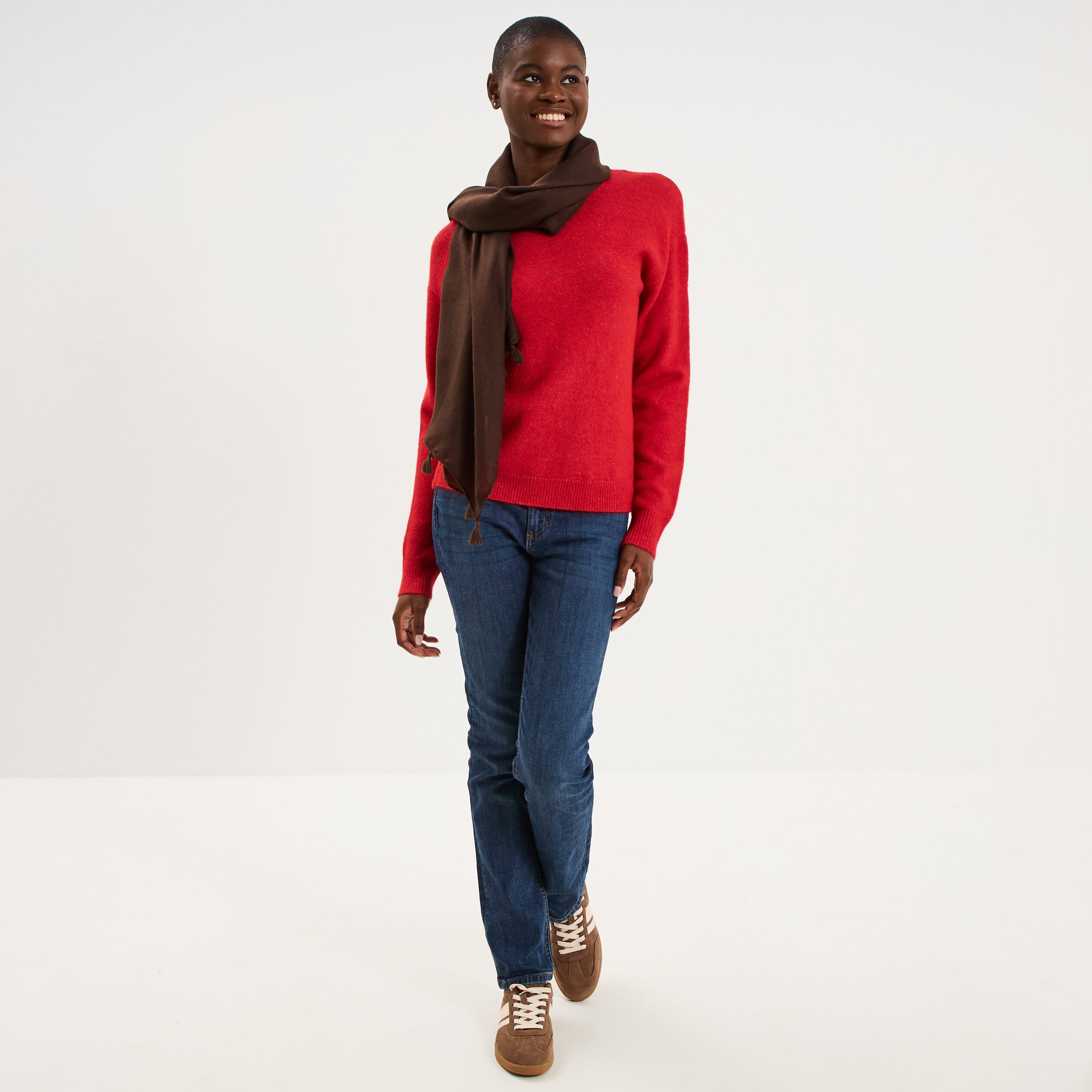 Pull col rond manches longues rouge femme