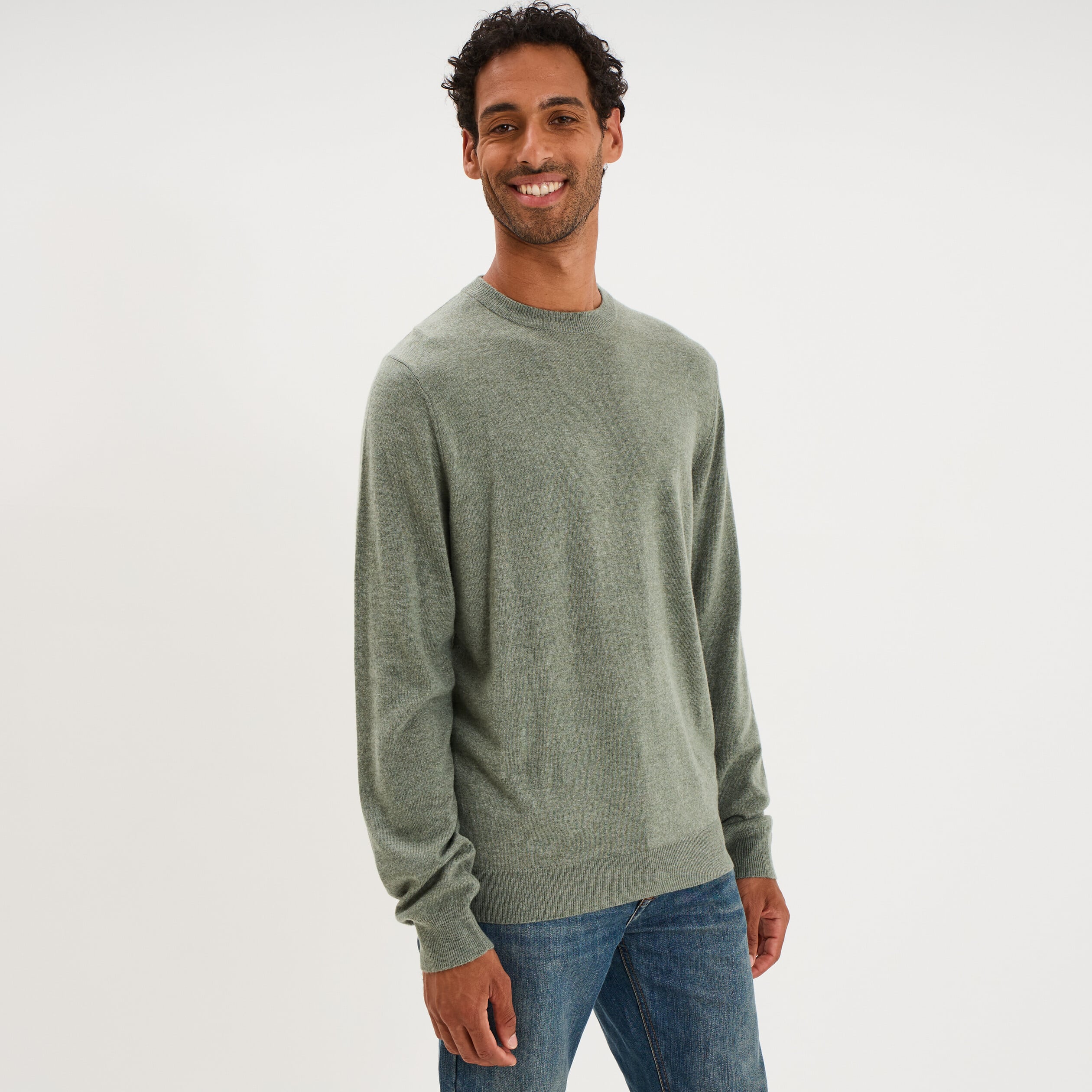 Pull col rond manches longues vert kaki homme