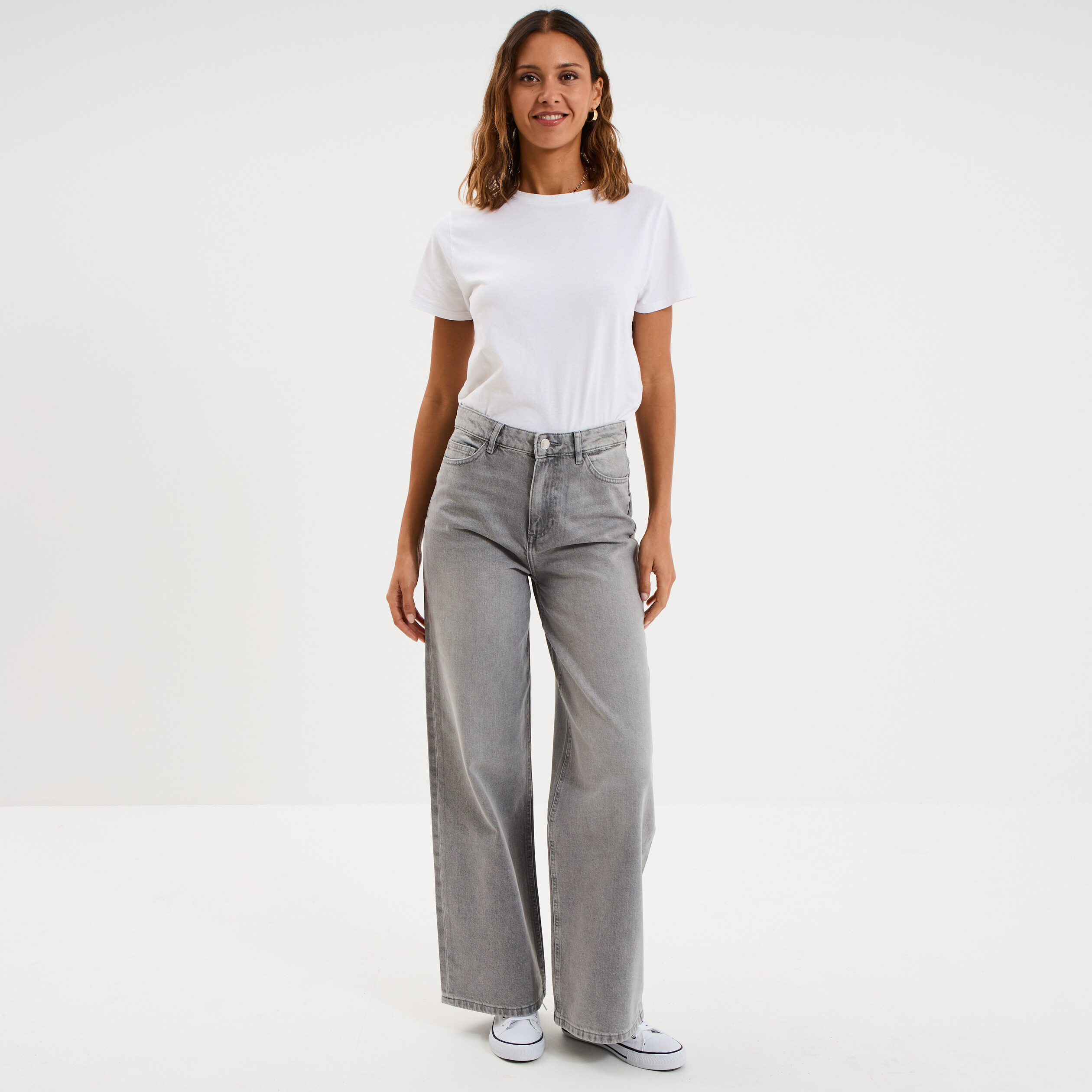 Jean large taille haute coton denim gris femme
