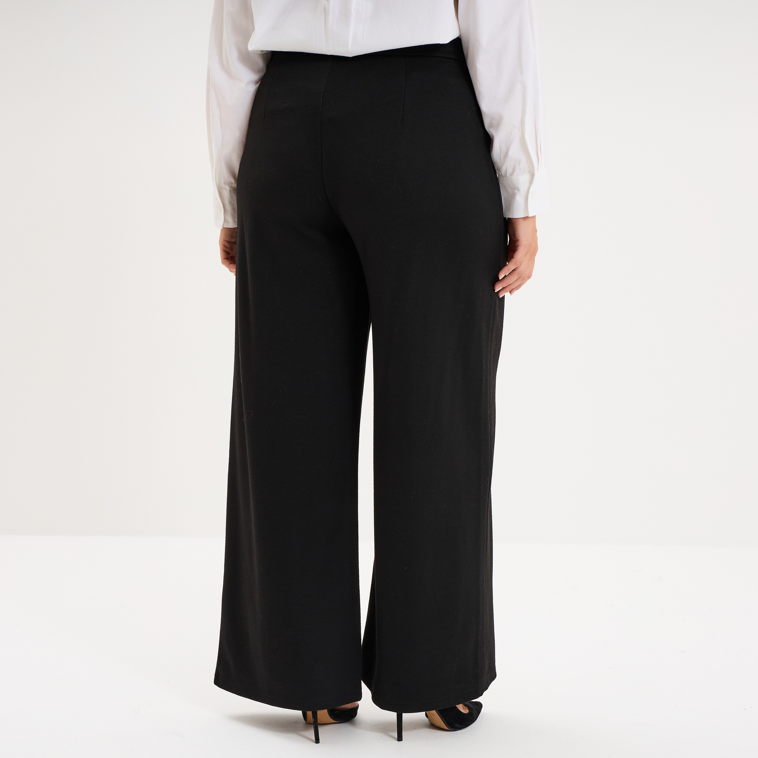 Pantalon city taille haute large boucle noir femme grande taille