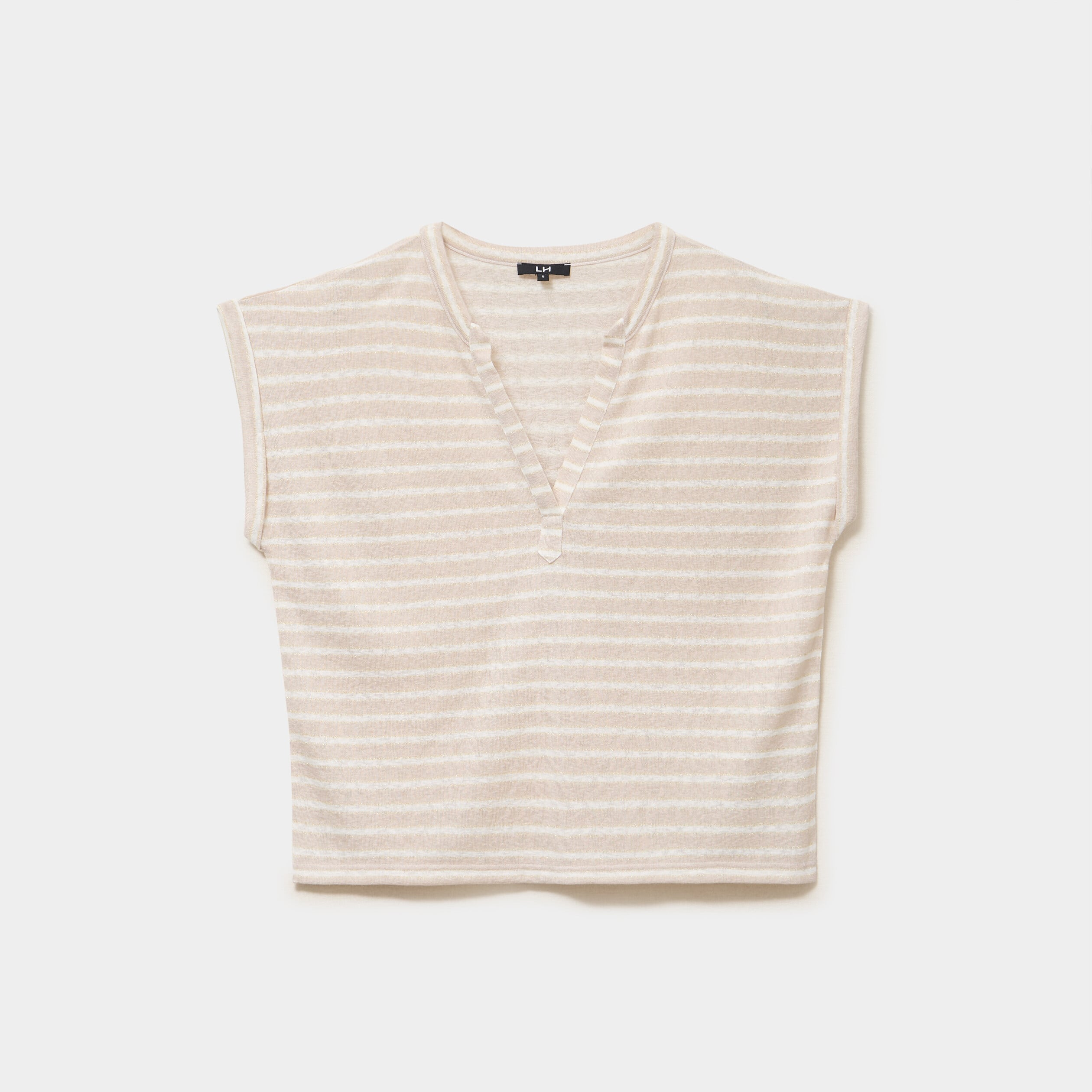 T-shirt col tunisien manches courtes beige clair femme