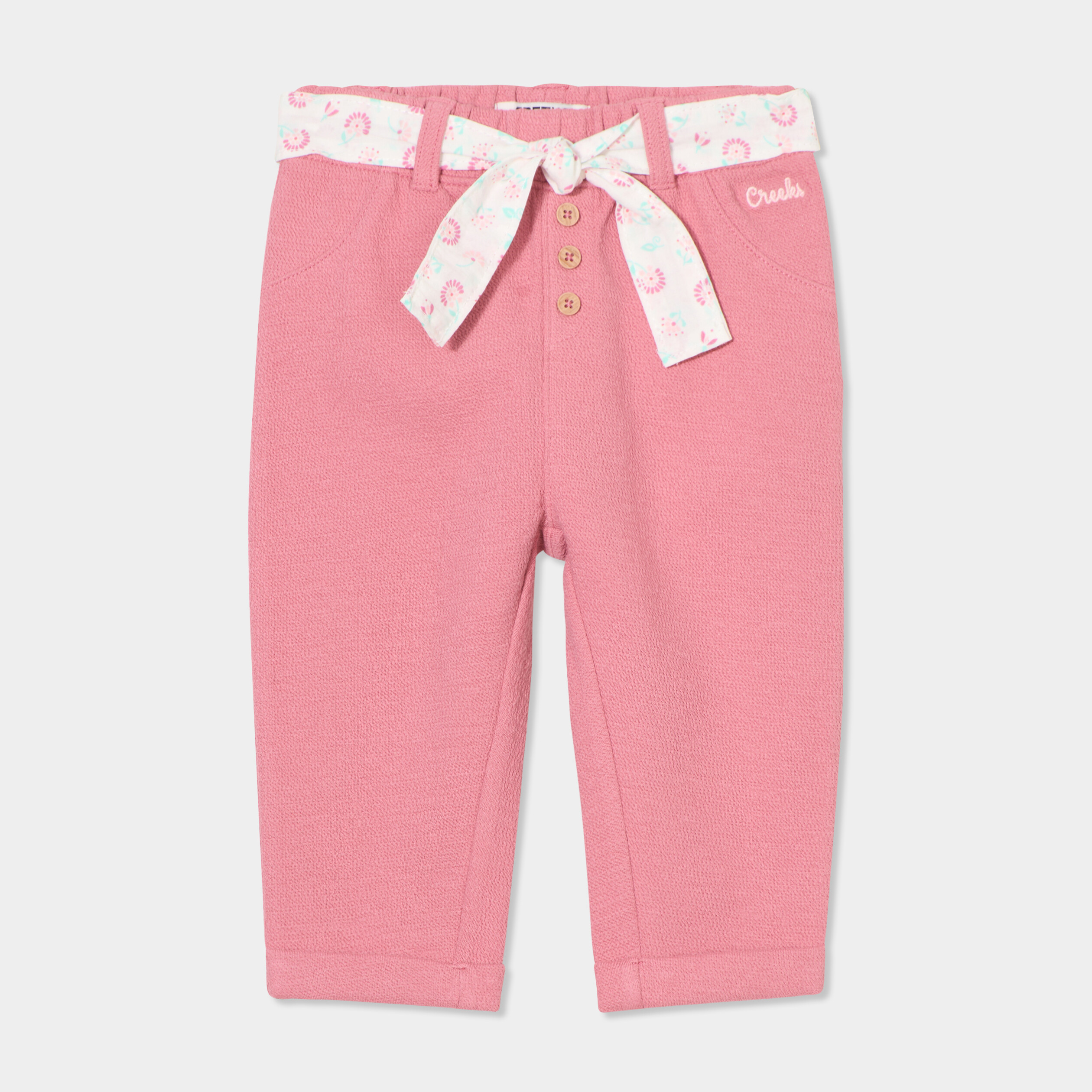 Pantalon cigarette en maille &agrave; ceinture vieux rose b&eacute;b&eacute; fille