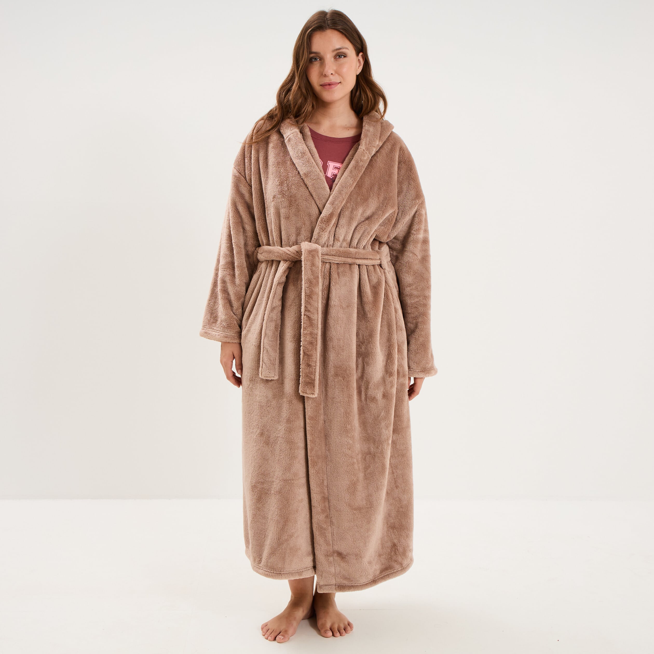 Peignoir velours long &agrave; capuche beige femme grande taille