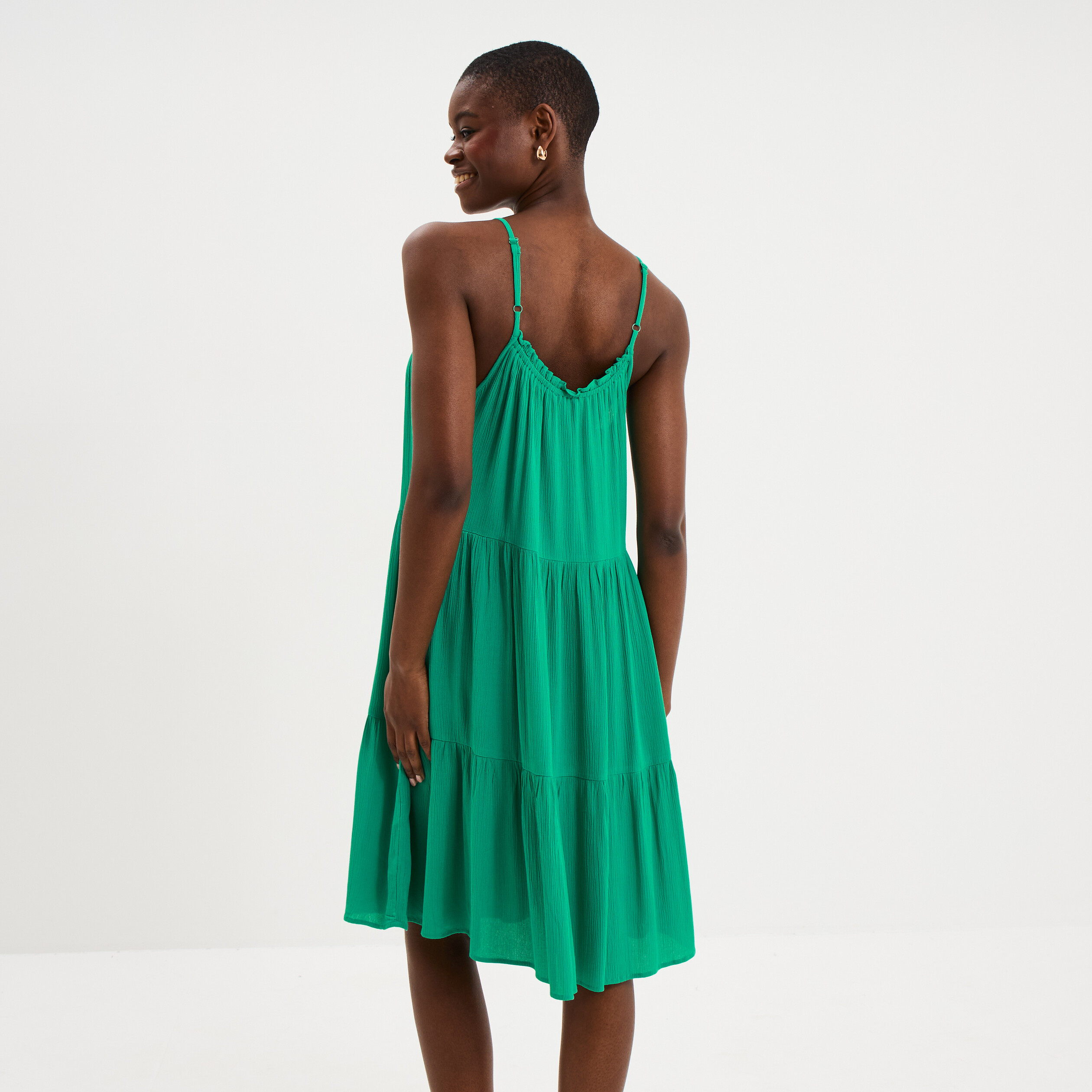 Robe fluide &agrave; volants fines bretelles vert canard femme
